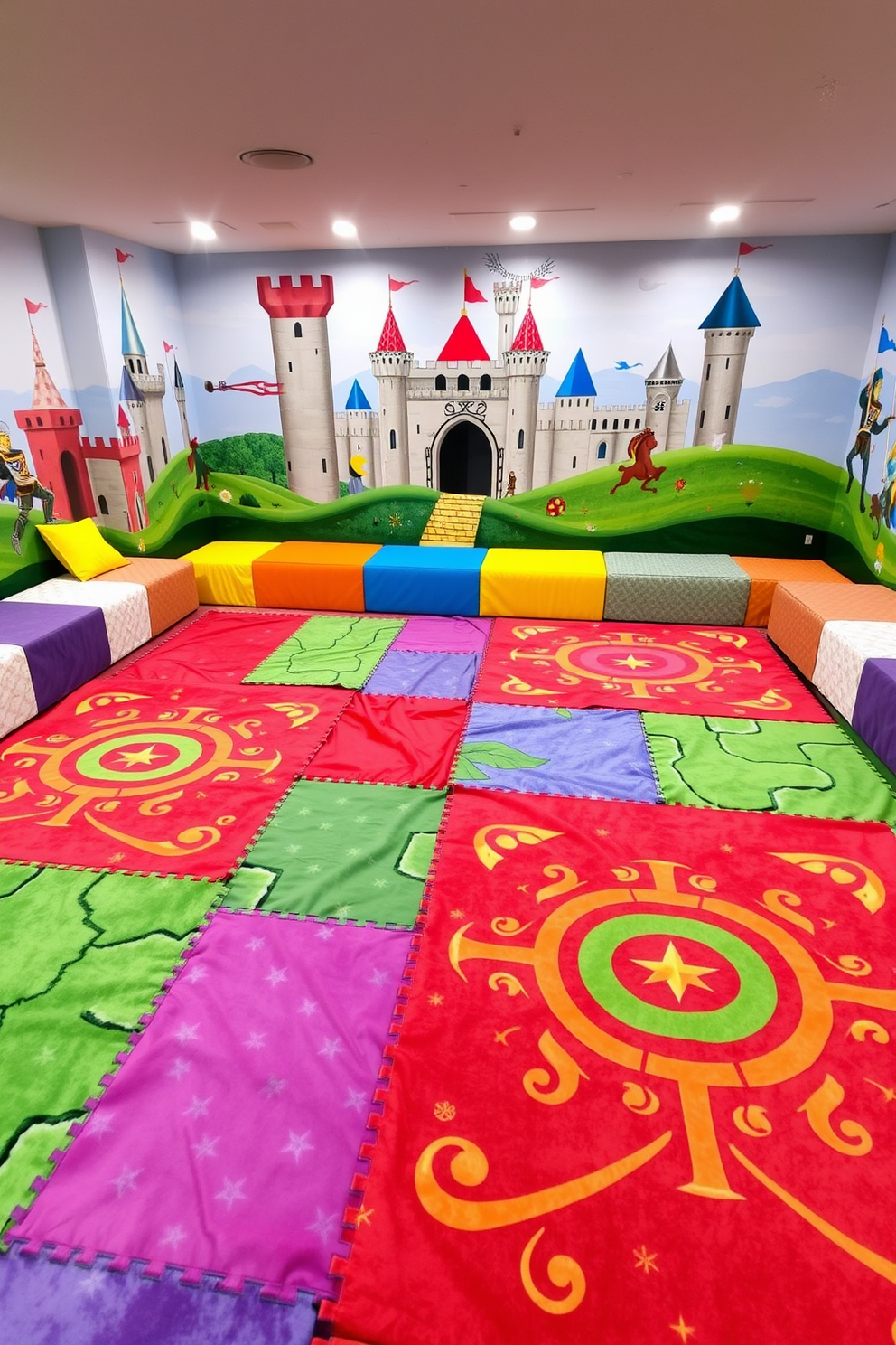 A whimsical playroom featuring large play mats that resemble castle grounds. The mats are adorned with vibrant colors and intricate designs that invite imaginative play. Surrounding the mats, there are plush seating areas with colorful cushions for comfort. The walls are decorated with murals of castles and knights, enhancing the magical atmosphere.