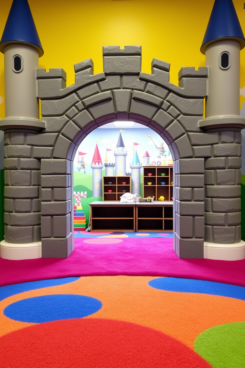 A whimsical castle wallpaper adorns the accent wall, featuring vibrant colors and playful illustrations of turrets and drawbridges. The playroom is filled with soft, plush seating and colorful rugs, creating a magical atmosphere for children to explore and imagine.