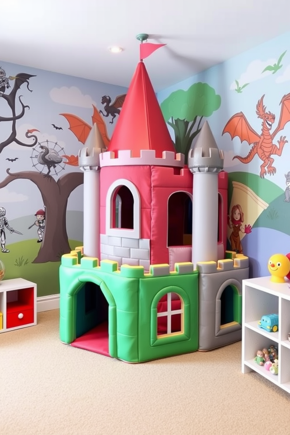 A whimsical playroom designed for children featuring themed artwork of knights and dragons adorning the walls. The room includes a large castle-shaped play structure made of soft materials, with vibrant colors and interactive elements for imaginative play.