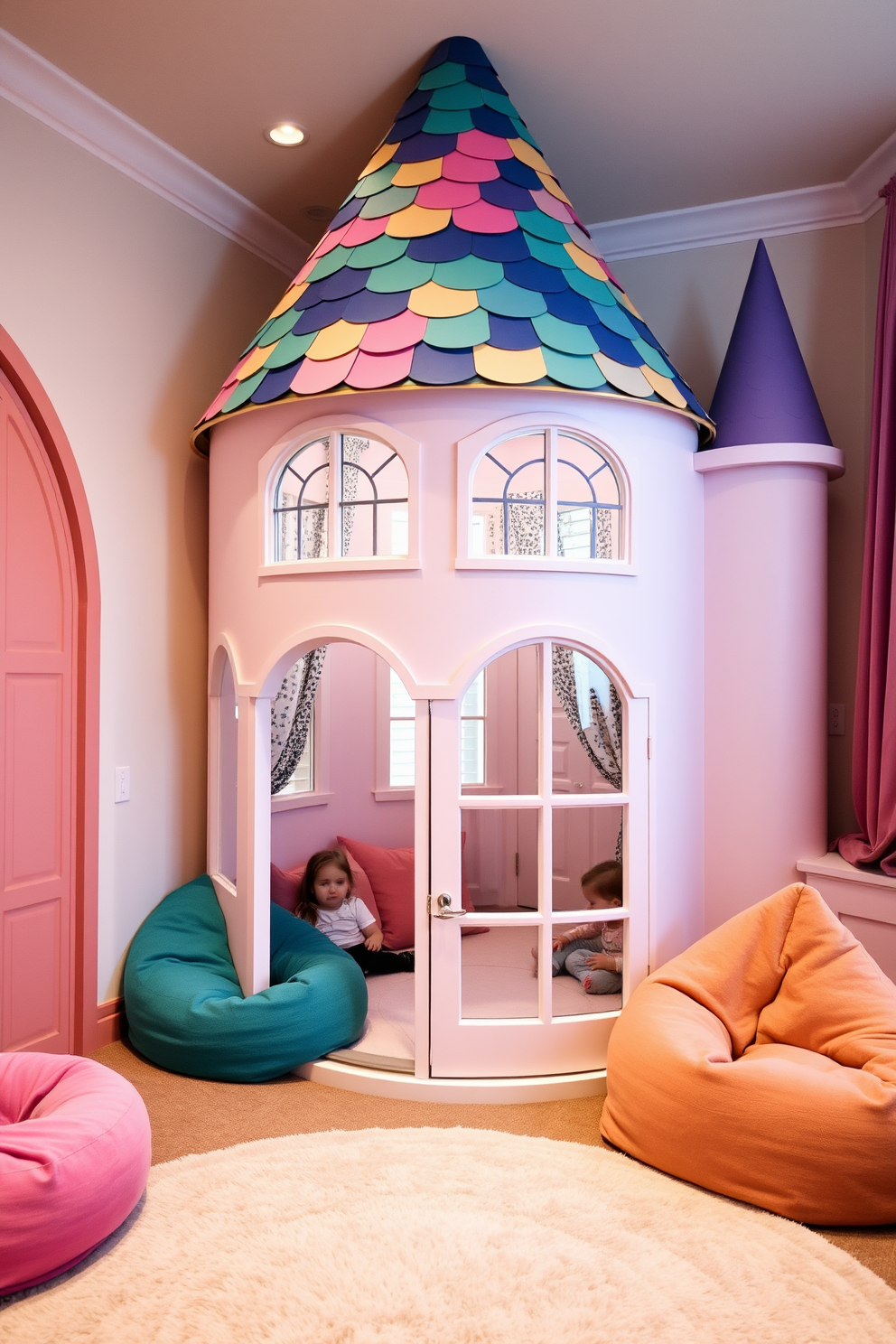 A turret style playhouse sits in the corner of a whimsical castle themed playroom. The playhouse features a rounded turret with a colorful shingled roof and large windows adorned with playful curtains. Inside, the walls are painted in soft pastel shades, creating a dreamy atmosphere. Plush carpets and bean bags provide cozy seating for children to enjoy their imaginative adventures.