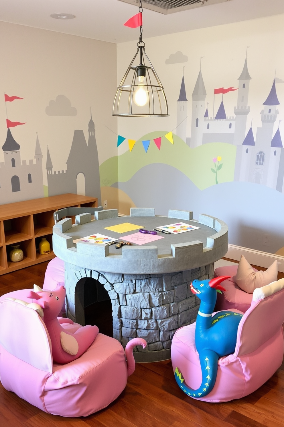 A whimsical castle-themed table for arts and crafts. The table is designed to resemble a castle turret with colorful flags and stone-like textures. The surrounding playroom features walls painted in soft pastel colors with murals of castles and knights. Plush seating in the shape of dragons and princesses adds a playful touch to the space.