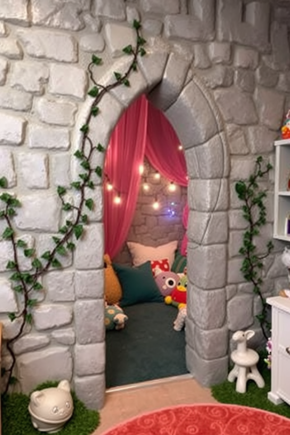 A whimsical castle playroom featuring a secret door that blends seamlessly into the wall, camouflaged by intricate stonework and vines. The hidden space beyond is filled with soft, colorful cushions, enchanting fairy lights, and a variety of toys that inspire imagination and adventure.