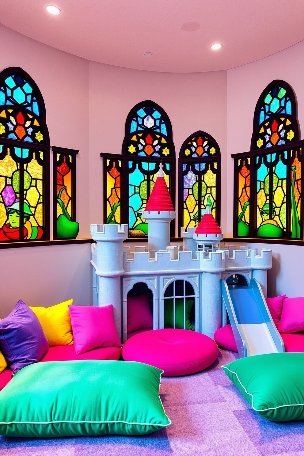 A whimsical playroom inspired by a castle theme. The walls are adorned with colorful stained glass window decals that create a magical atmosphere. Inside, there are plush seating areas with oversized cushions in vibrant colors. A miniature castle structure serves as a play area, complete with turrets and a slide.