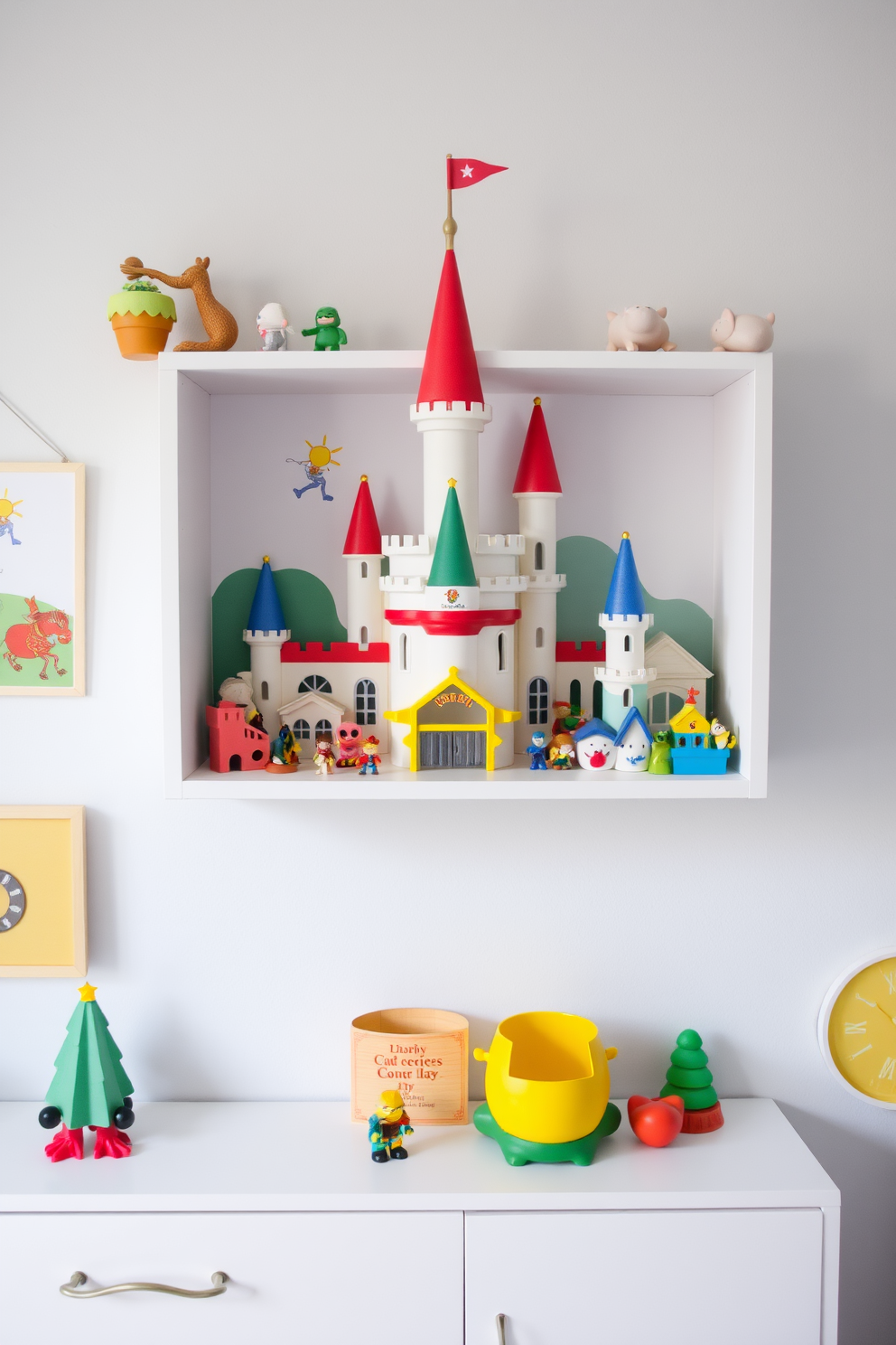 A whimsical playroom featuring a dedicated shelf showcasing a colorful toy castle. The shelf is adorned with various miniature figures and accessories, creating an enchanting atmosphere for imaginative play.