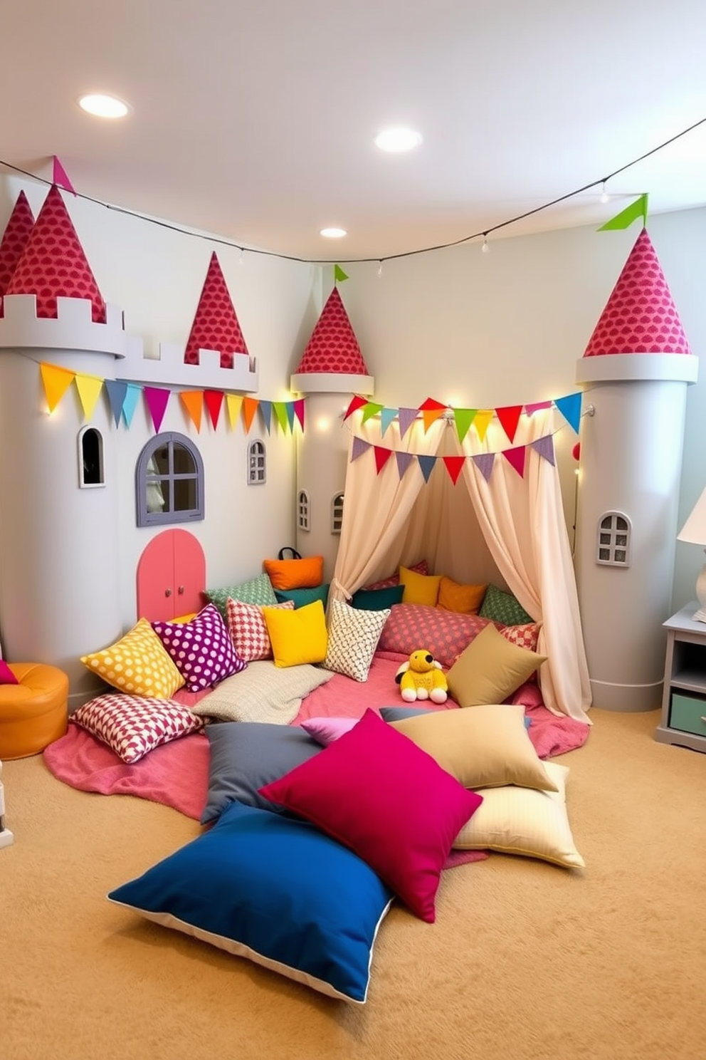 A whimsical playroom designed as a castle with turrets and colorful banners adorning the walls. The floor is covered in a soft, plush carpet, creating a warm and inviting atmosphere for children to play. In one corner, a pillowed fort area is set up with an assortment of vibrant cushions and blankets for cozy gatherings. The space is illuminated by soft fairy lights, adding a magical touch to the playful environment.