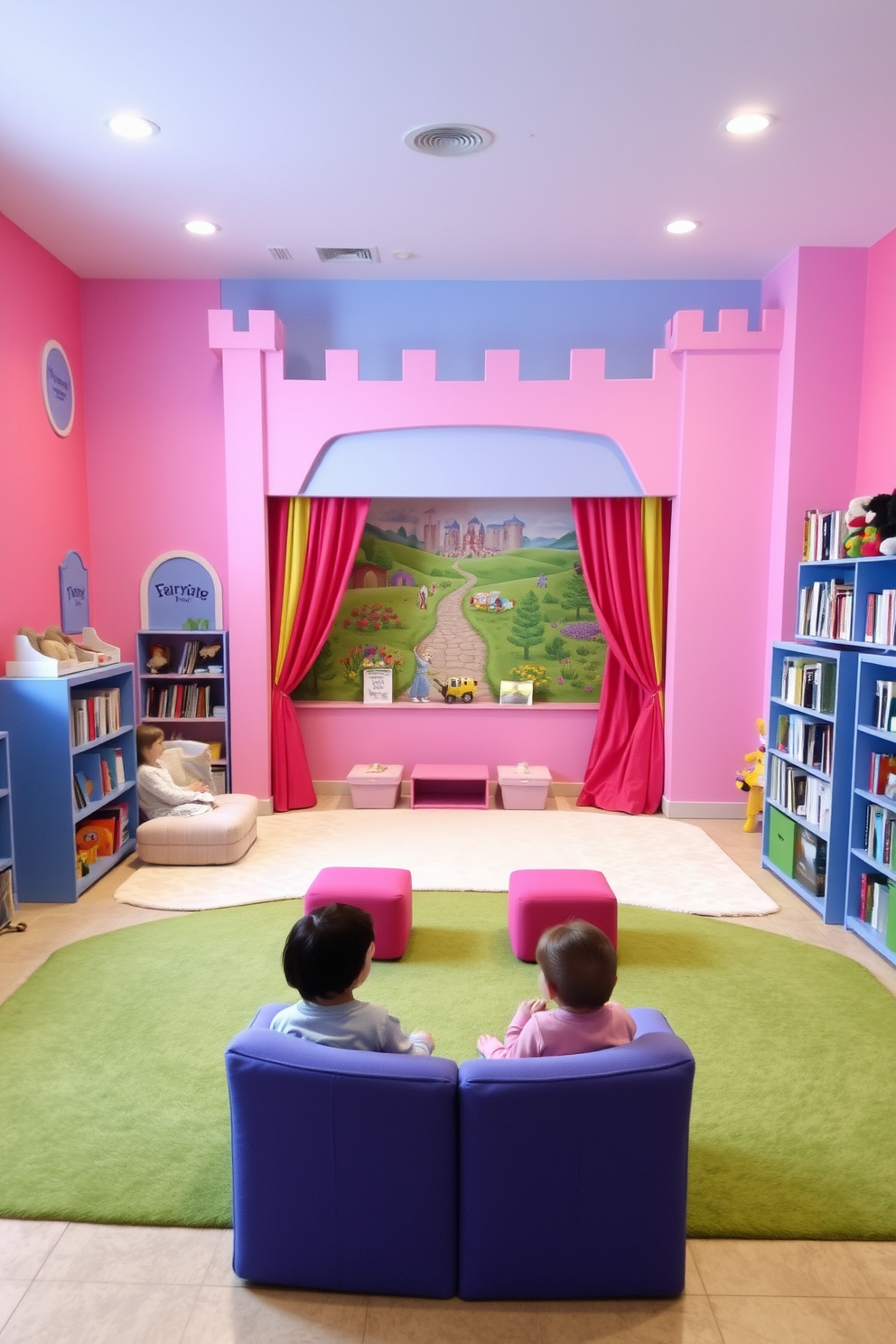 A whimsical playroom designed as a castle features vibrant walls painted in shades of pastel pink and blue. The room includes a large, soft carpet resembling a grassy meadow, with colorful puppet theater curtains framing the stage area. Interactive story corners are created with plush seating and shelves filled with storybooks and puppets for imaginative play. A large mural of a fairytale landscape serves as a backdrop, inspiring creativity and storytelling among children.