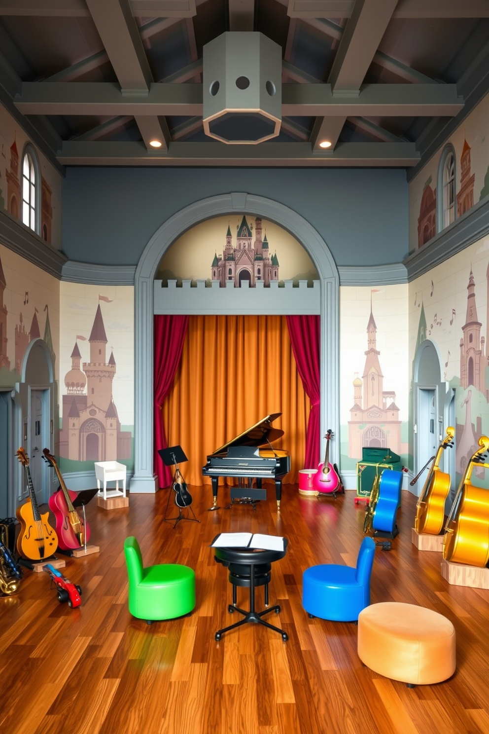 A grand castle playroom designed for a royal band. The space features a stage area with elegant velvet curtains and a polished wooden floor, surrounded by plush seating for young musicians. Colorful musical instruments are displayed prominently throughout the room, including a grand piano, string instruments, and brass pieces. The walls are adorned with whimsical murals of castles and musical notes, creating an inspiring atmosphere for creativity and play.