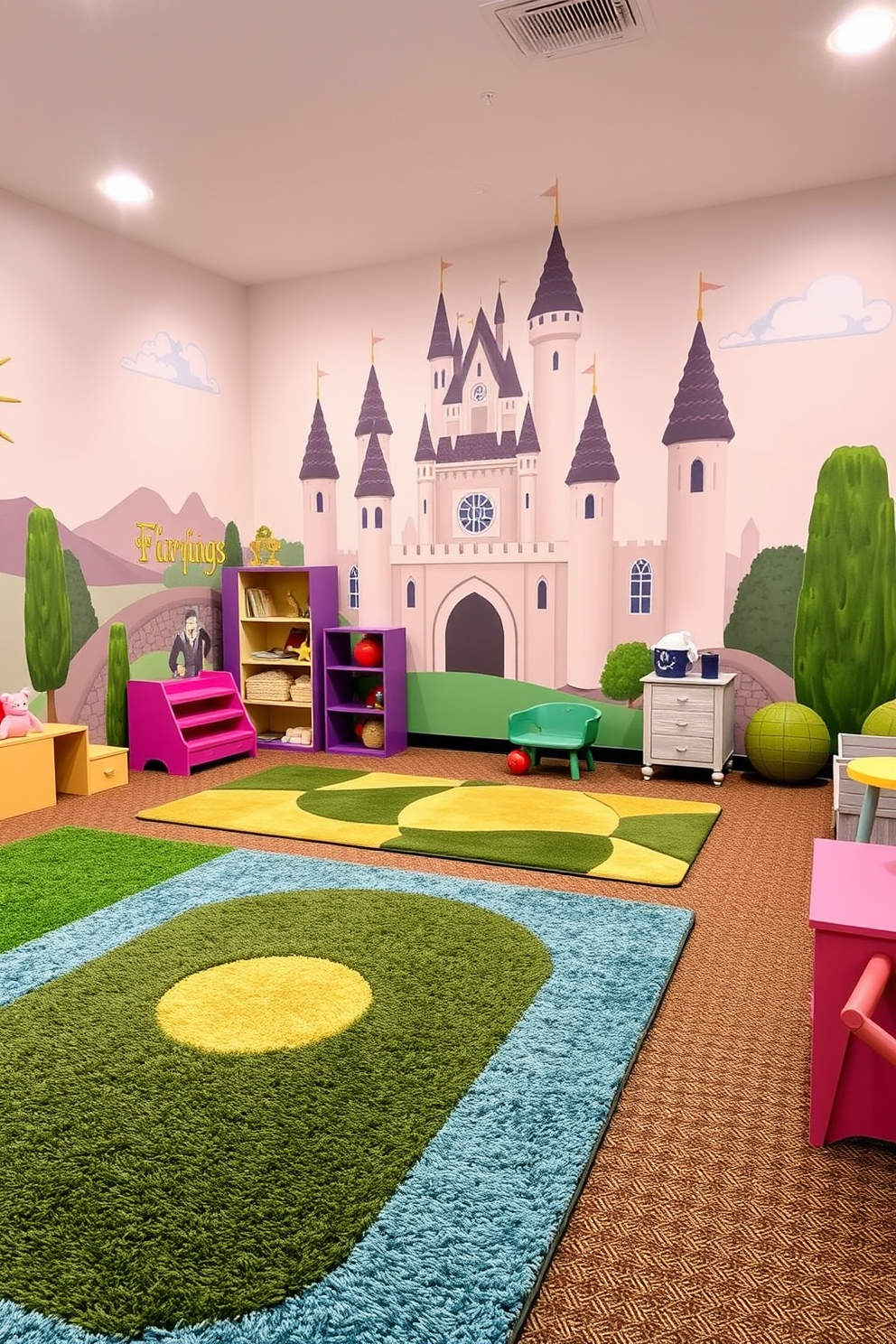 A whimsical playroom designed for children featuring giant castle blocks in various colors and shapes. The walls are adorned with playful murals of knights and dragons, creating an imaginative atmosphere for creative play. Soft, plush rugs cover the floor, providing a comfortable area for kids to build and explore. Brightly colored bean bags and cushions are scattered throughout the space, inviting relaxation and storytelling.