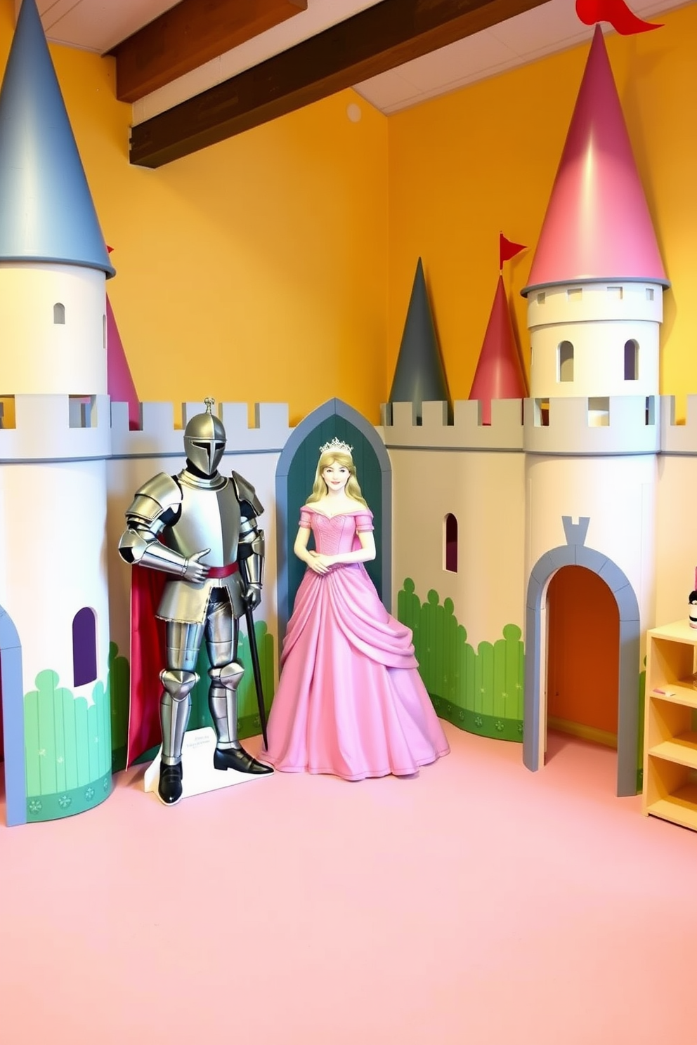 A whimsical playroom designed like a castle features life-size cardboard cutouts of a knight and a princess standing proudly in the center. The walls are painted in soft pastel colors with turrets and battlements, creating an enchanting atmosphere for imaginative play.