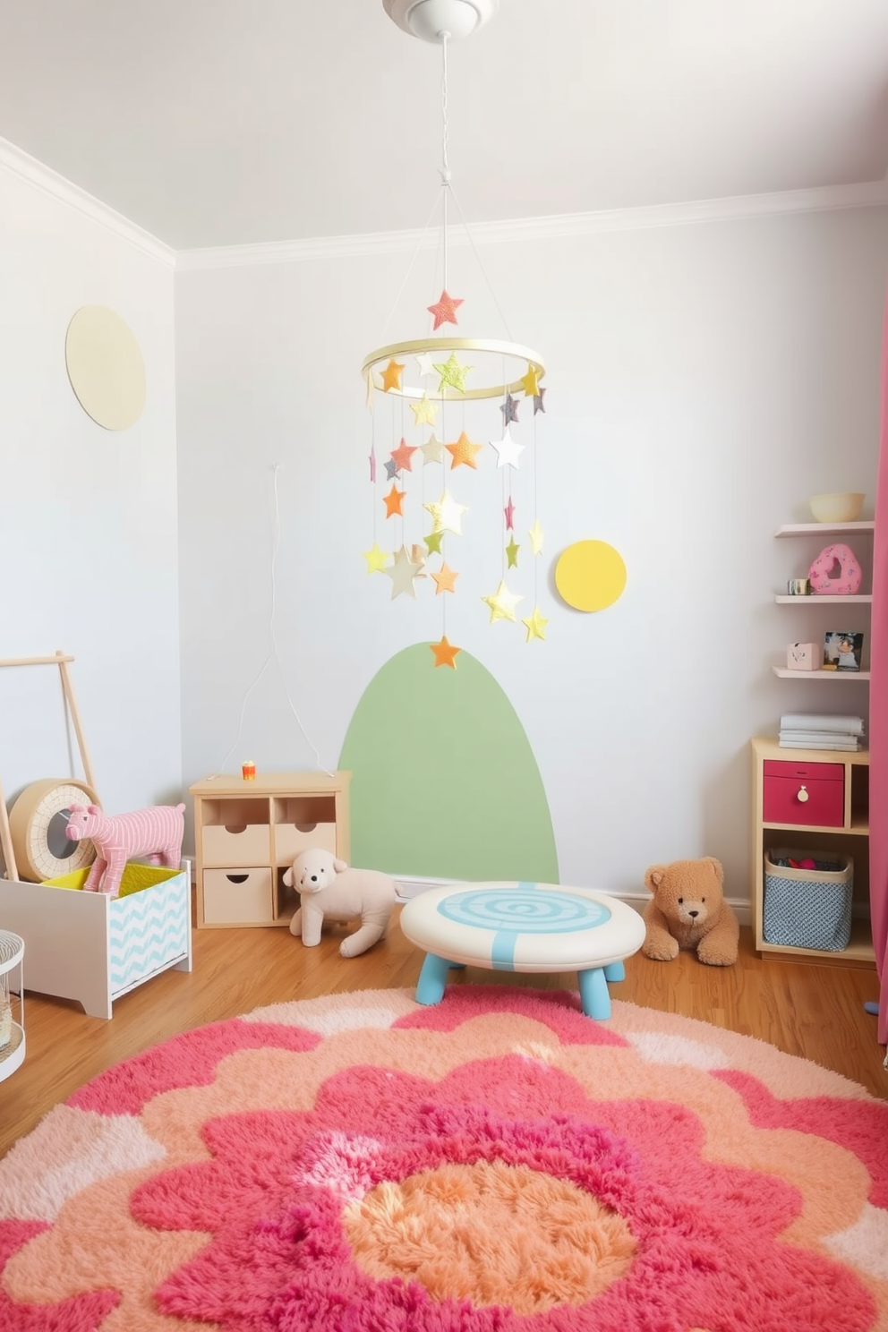 A whimsical playroom designed for children with a hanging mobile featuring stars and moons. The walls are painted in soft pastel colors, and the floor is covered with a plush, colorful rug that invites play.