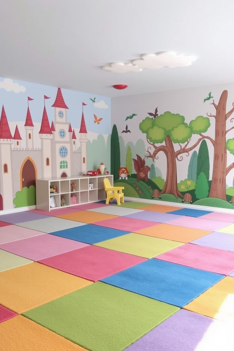 A whimsical playroom designed for children features soft carpet squares in various pastel colors scattered across the floor to ensure comfort and safety. The walls are adorned with playful murals of castles, dragons, and enchanted forests, creating an imaginative environment for creative play.