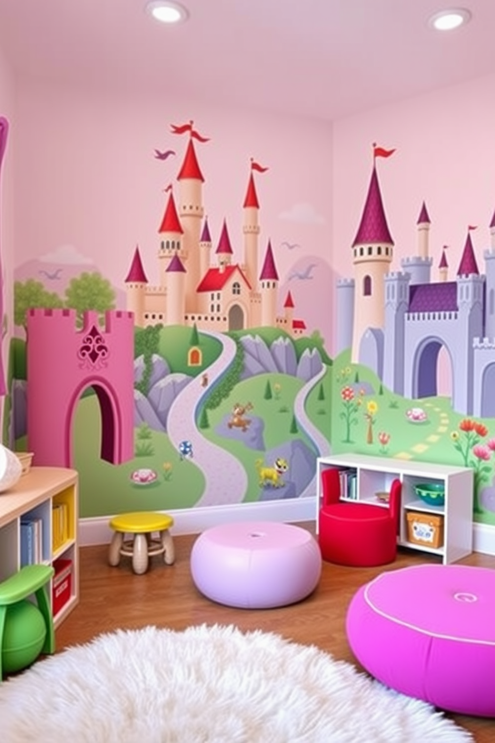 Create a vibrant playroom designed for children with colorful wall decals depicting enchanting castle scenes. The space features soft, plush rugs and playful furniture that encourages creativity and imagination.