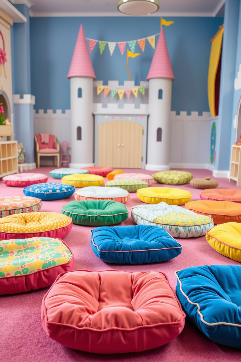 Colorful floor cushions in various shapes and sizes are scattered across a spacious playroom. The cushions feature vibrant patterns and textures, inviting children to sit and play comfortably. The playroom is designed with castle-themed decor, including turrets and banners adorning the walls. A whimsical color palette of pastel blues, pinks, and yellows creates a magical atmosphere for imaginative play.