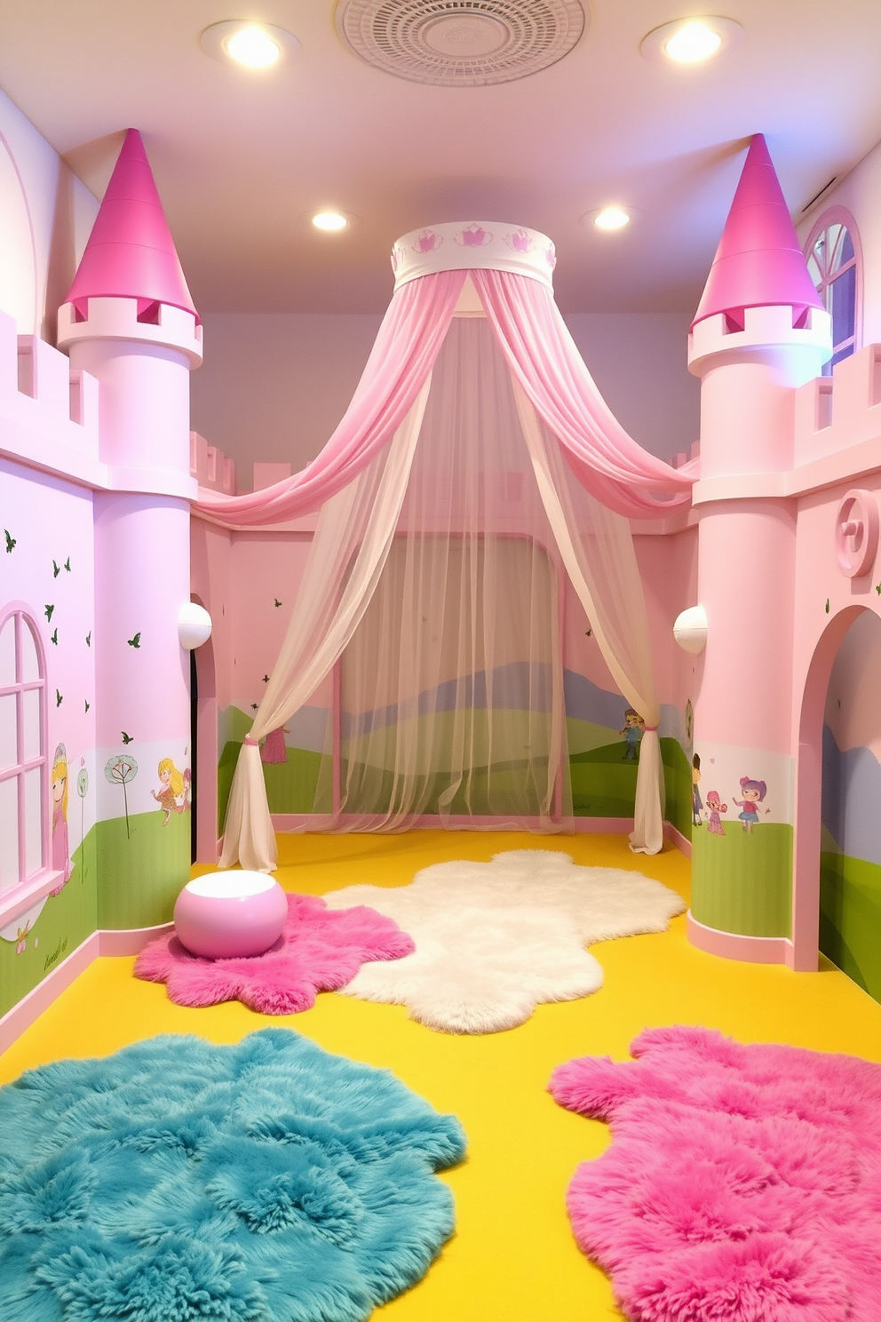 A whimsical play area designed as a castle with a princess canopy draped above. The space features pastel-colored walls adorned with fairy tale murals, and plush rugs scattered across the floor for comfort.