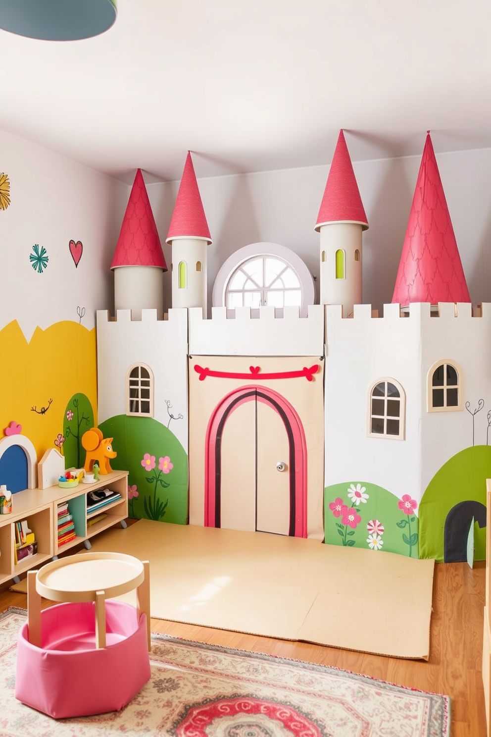 Colorful castle tents for imaginative play are set up in a spacious playroom filled with soft, plush rugs. The walls are adorned with whimsical murals of fairytale landscapes, creating an enchanting atmosphere for children. The tents are made of vibrant fabrics in shades of red, blue, and yellow, inviting kids to explore and create their own adventures. Cozy seating areas with bean bags and cushions are arranged nearby, providing a comfortable spot for storytelling and relaxation.