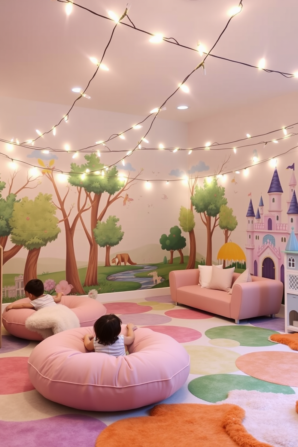 A whimsical playroom designed to resemble a castle, featuring turret-shaped storage units for toys and books. The walls are adorned with castle murals, and plush carpets provide a soft area for play. The storage units are painted in pastel colors, resembling stonework, with wooden accents to enhance the castle theme. Cozy reading nooks with plush cushions are integrated into the design, creating inviting spaces for children to explore their imaginations.