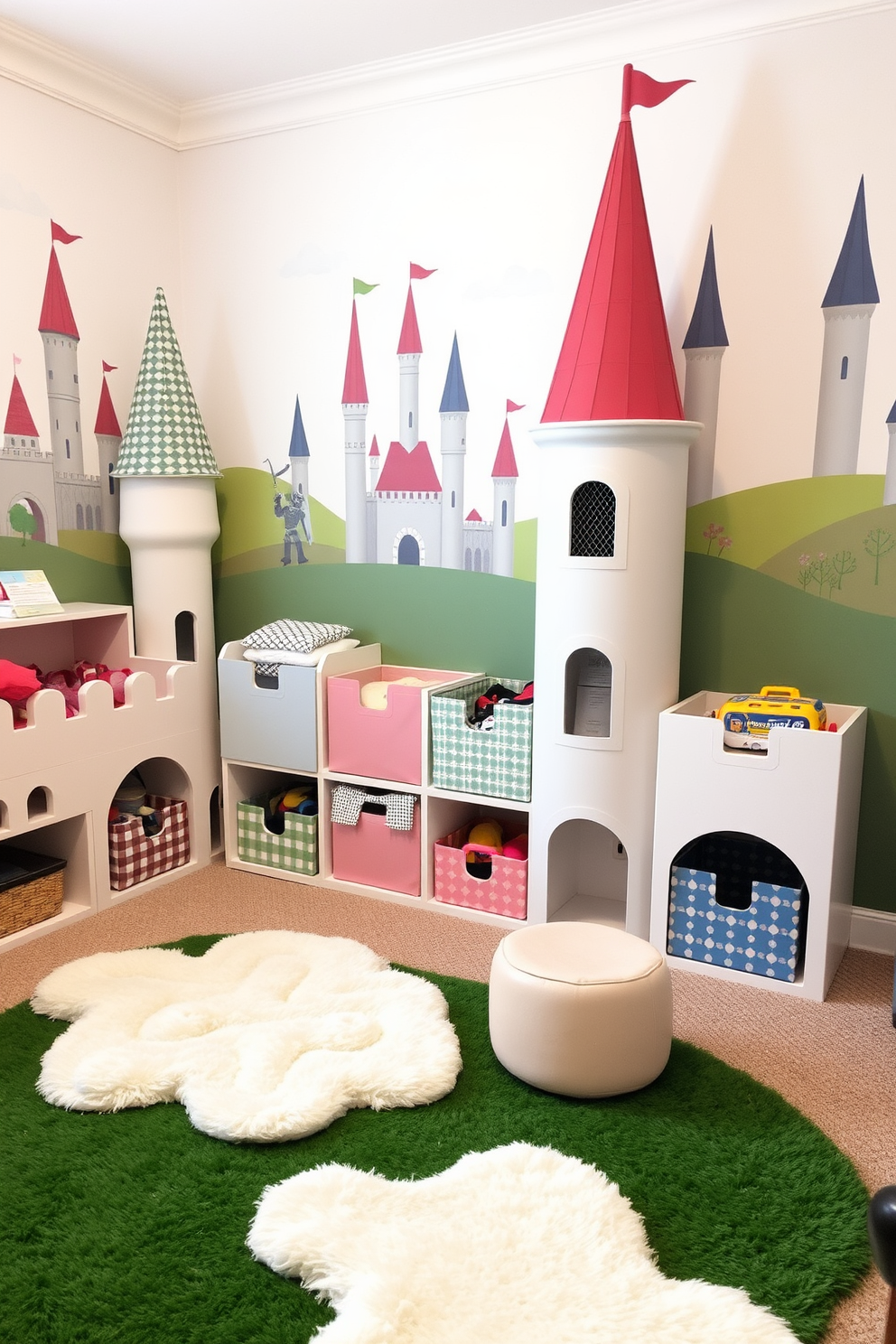 A whimsical playroom inspired by a castle theme. The storage bins for toys are designed to resemble turrets, with soft pastel colors and playful patterns. The walls are adorned with mural paintings of castles and knights, creating an enchanting atmosphere. Plush rugs shaped like clouds and grass provide a cozy area for children to play.