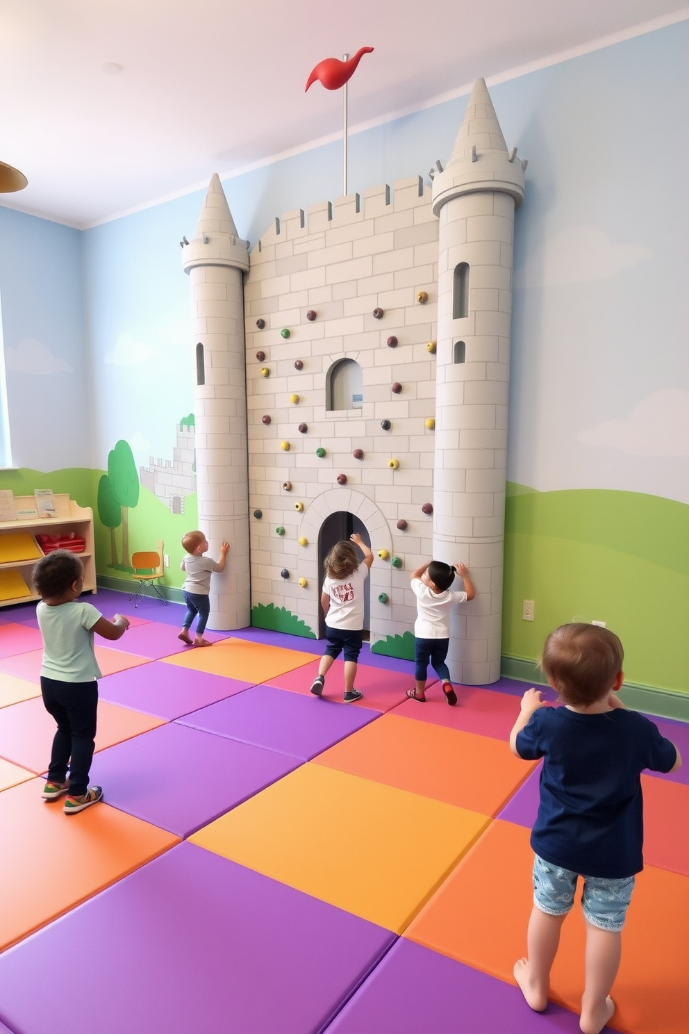 A whimsical playroom designed as a castle features a wall-mounted climbing wall that resembles a medieval fortress. Brightly colored soft mats cover the floor to ensure safety while children explore and climb with excitement.