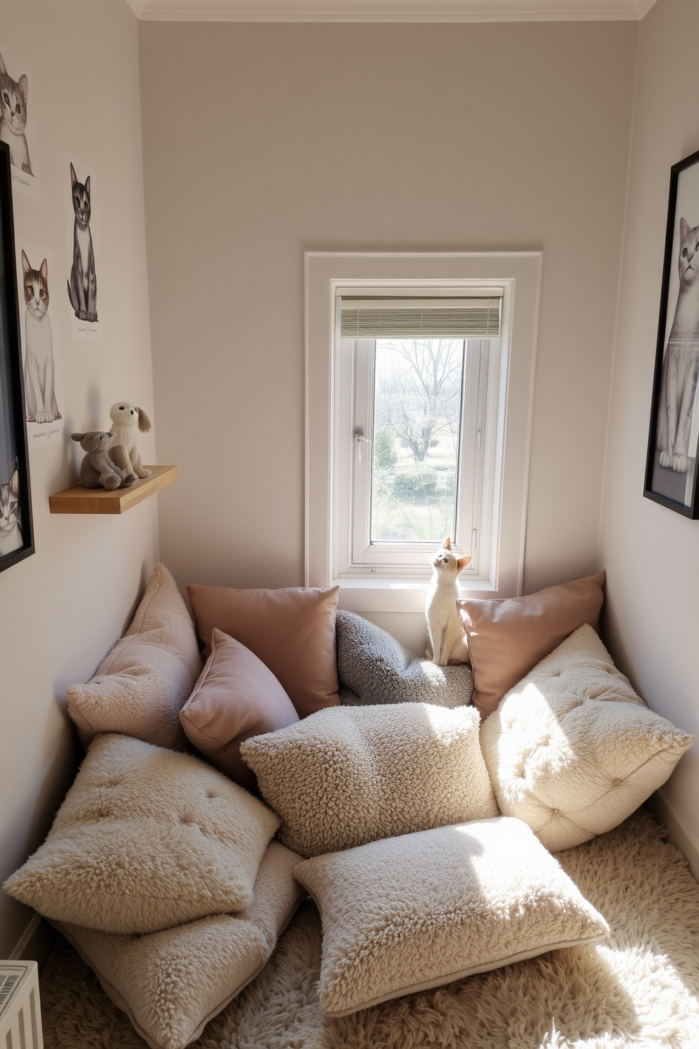 Cozy cat nook with soft cushions. A plush corner filled with various soft cushions in shades of beige and gray creates a warm retreat for feline friends. The nook features a small wooden shelf for toys and a sunny window perch for lounging. Surrounding the area, the walls are adorned with cat-themed artwork to enhance the playful atmosphere.