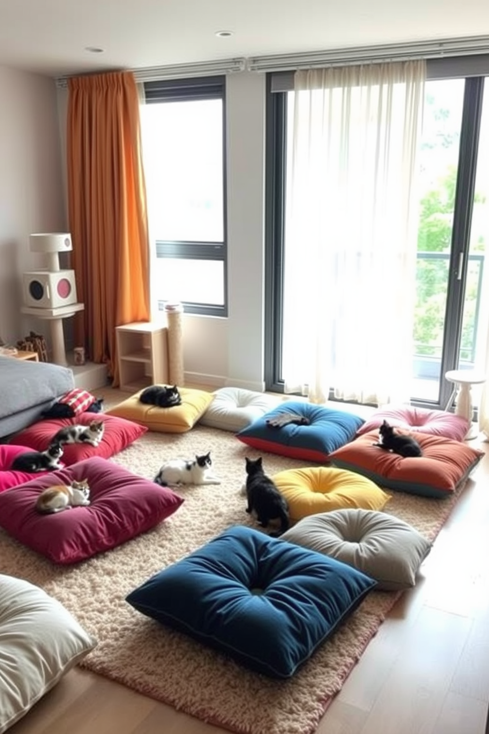 A cozy apartment setting designed for a cat lover features an array of colorful floor cushions scattered around a spacious living area. The cushions are plush and inviting, perfect for lounging with cats, creating a relaxed and playful atmosphere. Natural light pours in through large windows, illuminating a soft rug beneath the cushions. Cat trees and playful toys are thoughtfully integrated into the design, ensuring a fun environment for both the cats and their owner.