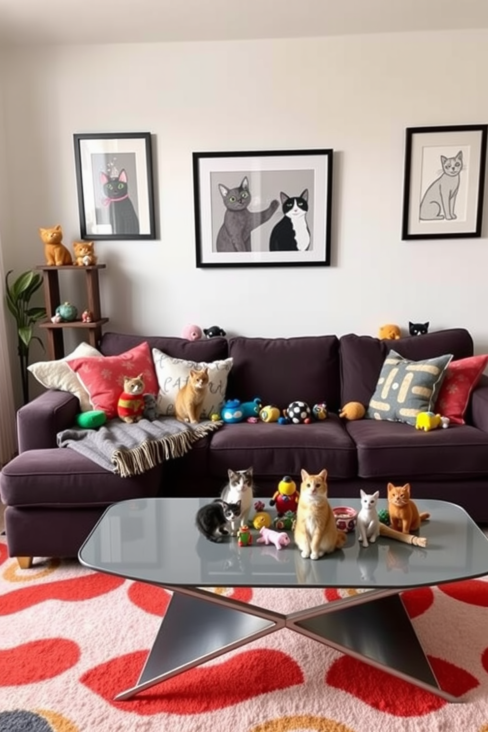 A vibrant living room featuring an array of colorful cat toys artfully arranged as decor. Plush cushions and a cozy throw blanket complement the playful atmosphere, while a stylish cat tree adds a functional element to the space. The walls are adorned with framed cat-themed artwork, creating a whimsical yet sophisticated vibe. A sleek coffee table holds a few scattered toys, inviting both cats and their owners to enjoy the lively environment.