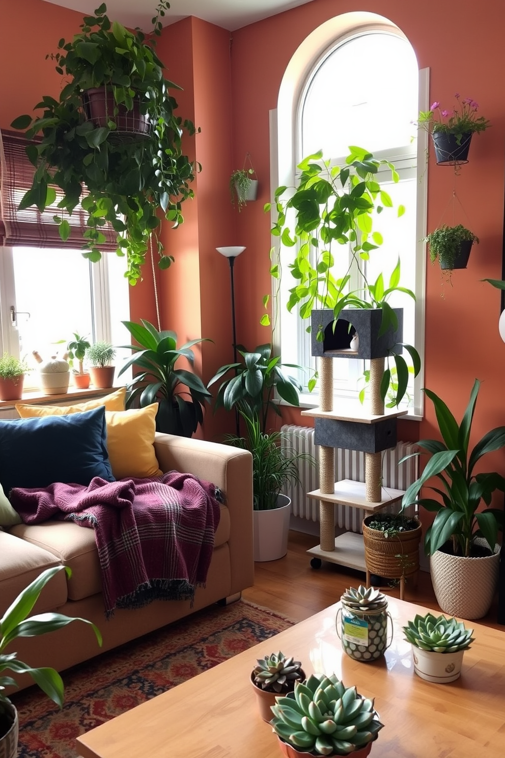 A cozy apartment designed for cat lovers features various indoor plants that are safe for curious cats. The space includes a stylish cat tree placed near a sunny window, surrounded by lush greenery and vibrant decor. In the living area, a comfortable sofa is adorned with soft cushions, and a coffee table is decorated with pet-friendly succulents. The walls are painted in warm tones, creating a welcoming atmosphere for both residents and their feline friends.