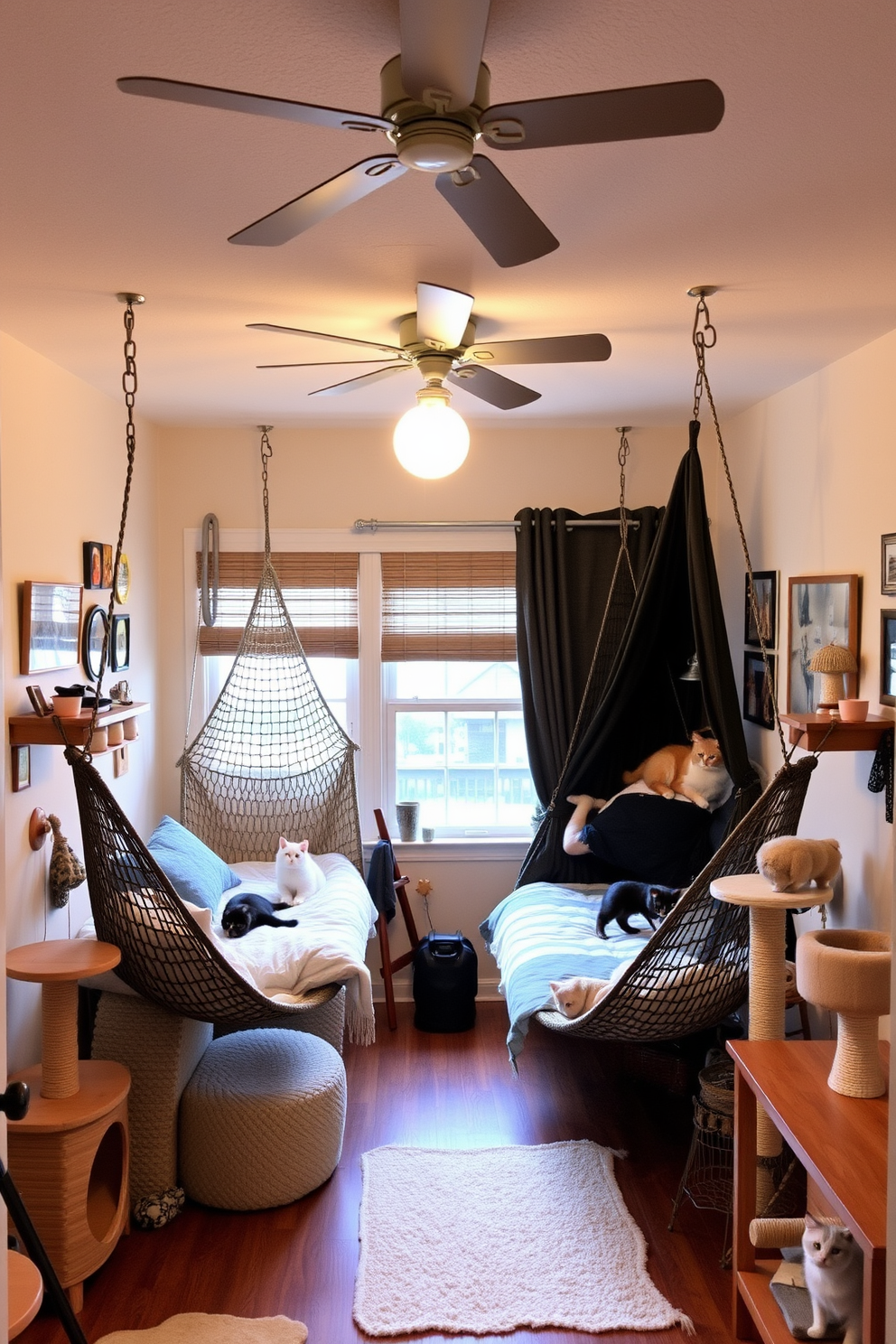 A cozy cat lover apartment features hammock-style beds suspended from the ceiling, providing elevated comfort for both the cats and their owners. The room is filled with playful cat-themed decor, including scratching posts and cozy nooks for the feline friends to explore.