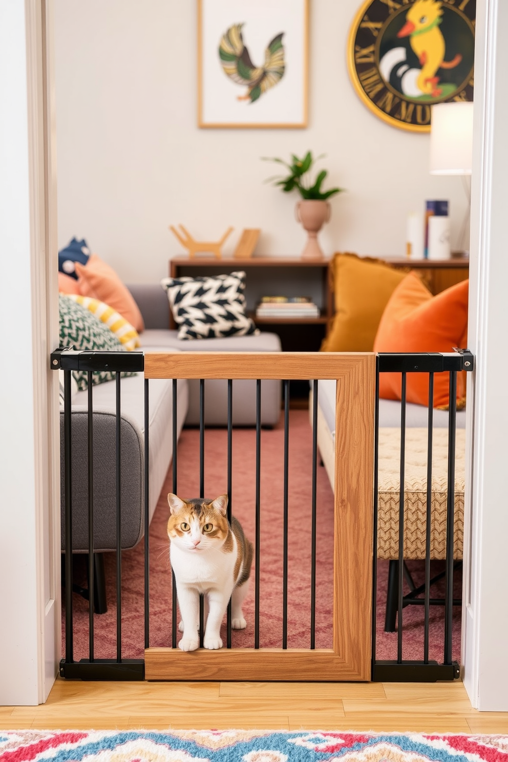 A stylish cat gate designed for a cozy apartment setting. The gate features a sleek wooden frame with a modern finish, allowing easy access while keeping the designated cat area secure. The surrounding space is decorated with cat-friendly furniture and playful accents. Soft textiles and vibrant colors create a warm atmosphere, perfect for both cats and their owners.