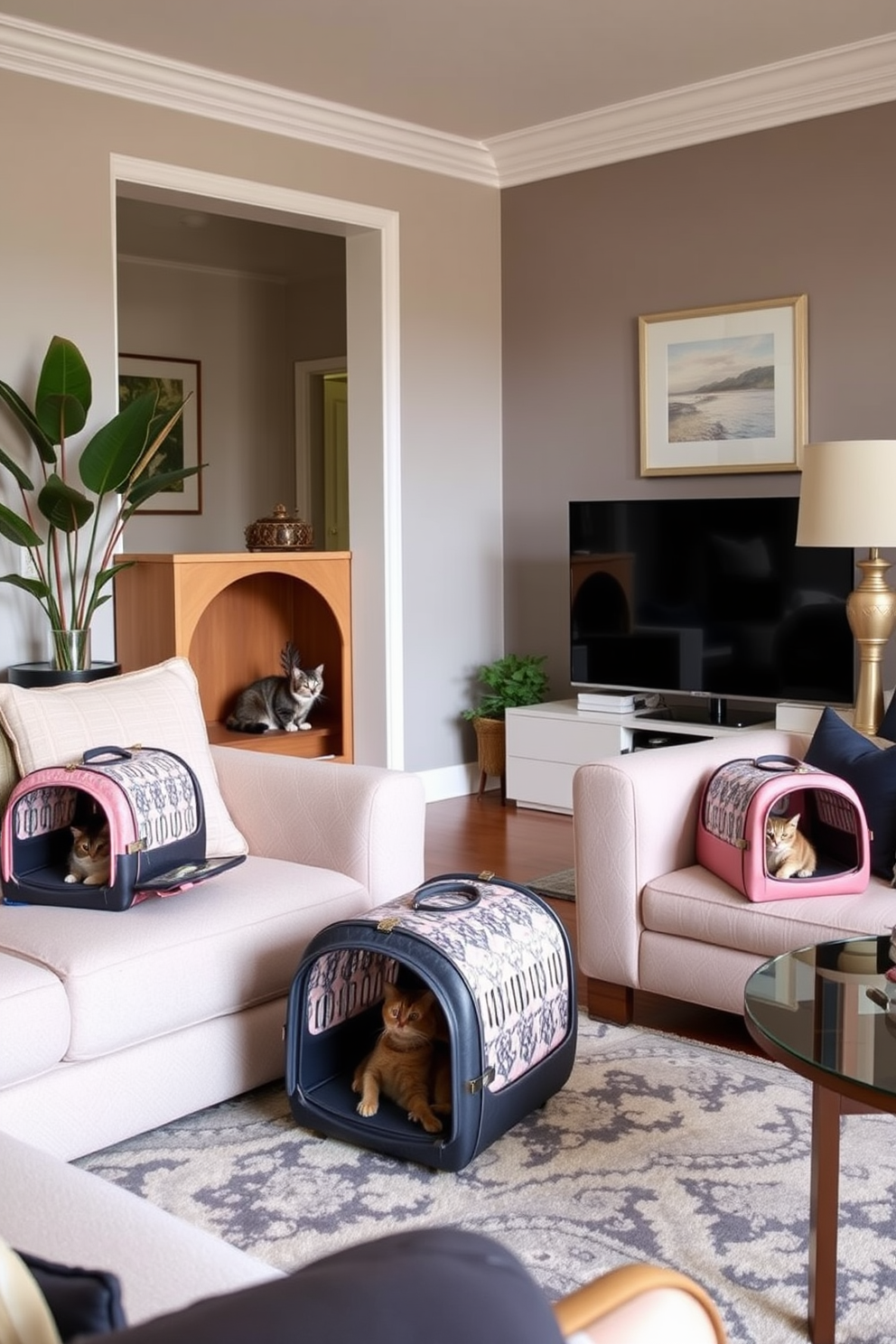 A stylish living room featuring decorative cat carriers that blend seamlessly with the decor. The carriers are designed with elegant fabrics and colors that complement the overall aesthetic of the space. In this cat lover apartment, cozy nooks are created for both humans and felines. The furniture arrangement allows for playful interaction while maintaining a sophisticated ambiance.