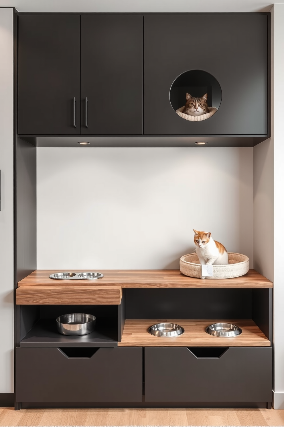 Stylish feeding stations with storage are designed to blend seamlessly into the apartment decor. The feeding area features a sleek wooden platform with built-in storage drawers for food and supplies, complemented by elegant bowls that match the overall aesthetic. Incorporating a cozy nook for the cat enhances the living space while providing comfort. Soft cushions and a chic cat bed are positioned nearby, creating a welcoming environment for both the pet and the owner.