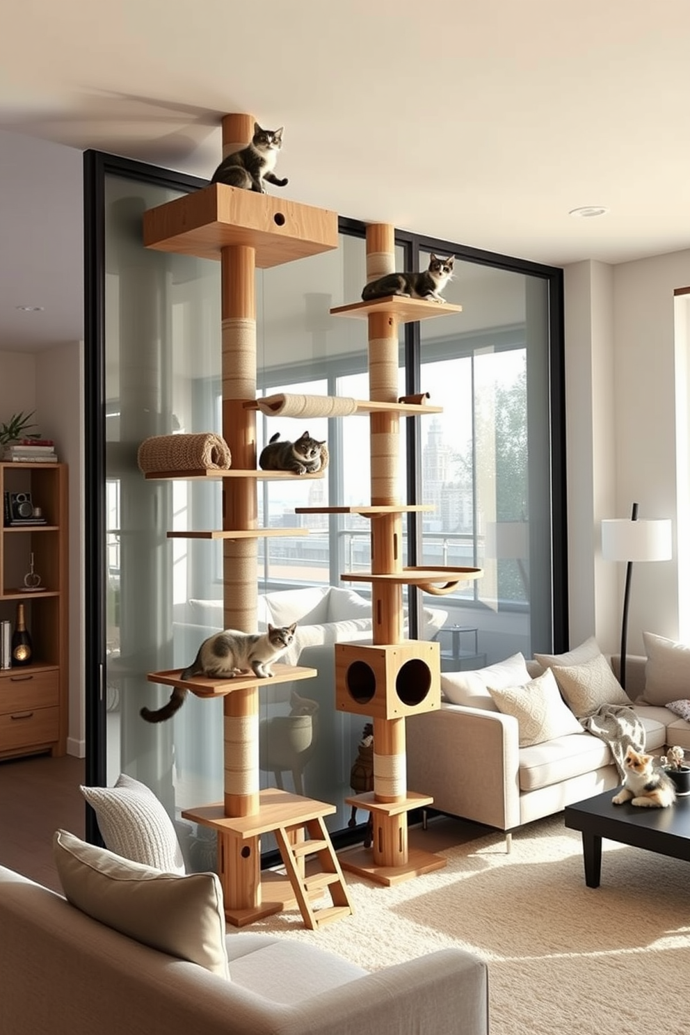 A stylish cat lover's apartment featuring a vertical cat tree designed for climbing fun. The tree is made of natural wood with multiple levels, cozy perches, and integrated scratching posts, creating an engaging environment for feline friends. The living room is adorned with soft, neutral-toned furnishings that complement the cat tree's aesthetic. Large windows allow natural light to flood the space, highlighting playful cat-themed decor and comfortable lounging areas for both humans and pets.