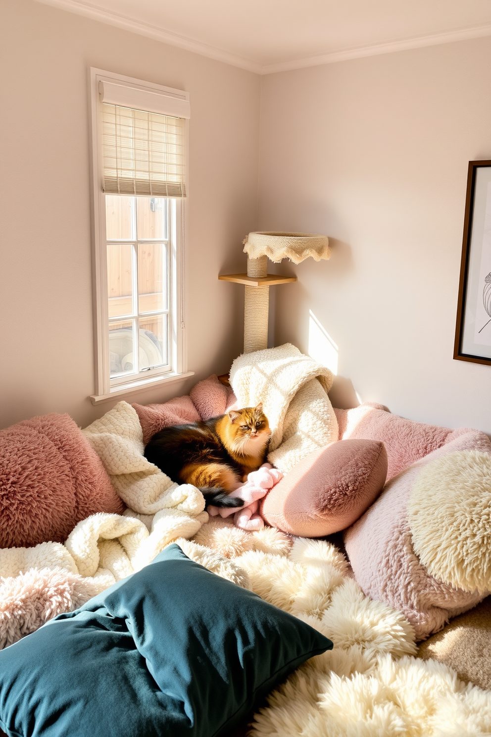 A cozy cat corner filled with soft blankets in a sunlit nook. Plush cushions are scattered around, creating a warm and inviting space for your feline friend. The walls are painted in a soft pastel color, enhancing the tranquil atmosphere. A stylish cat tree stands in the corner, providing both play and relaxation for your cat.