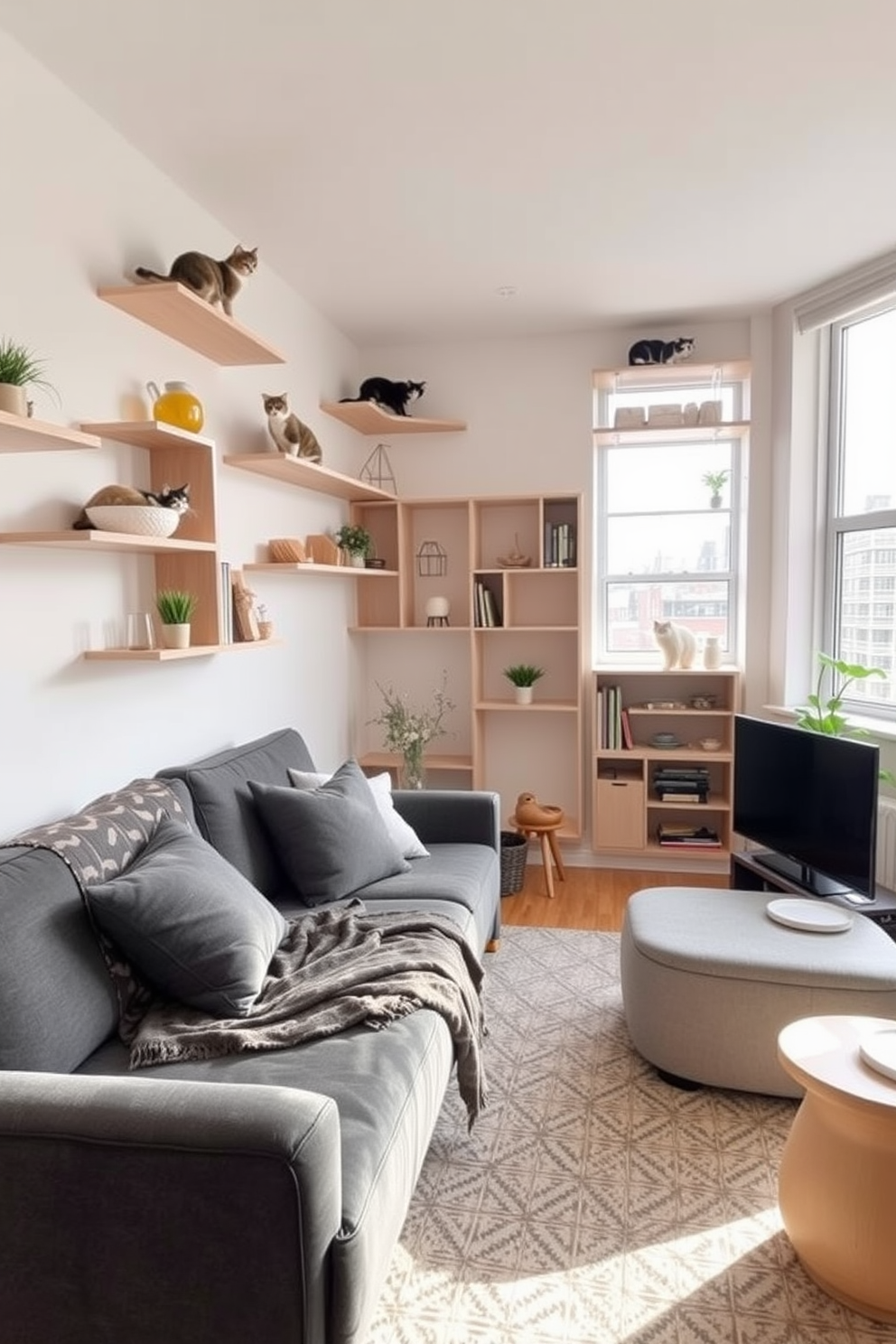 A cozy apartment designed for cat lovers featuring built-in shelves that create a climbing adventure for cats. The shelves are arranged in a playful pattern along the walls, adorned with soft cushions and decorative elements that complement the overall decor. The living area includes a comfortable sofa with a stylish throw and cat-friendly furniture that blends seamlessly with the design. Large windows allow natural light to flood the space, enhancing the warm and inviting atmosphere for both humans and their feline companions.