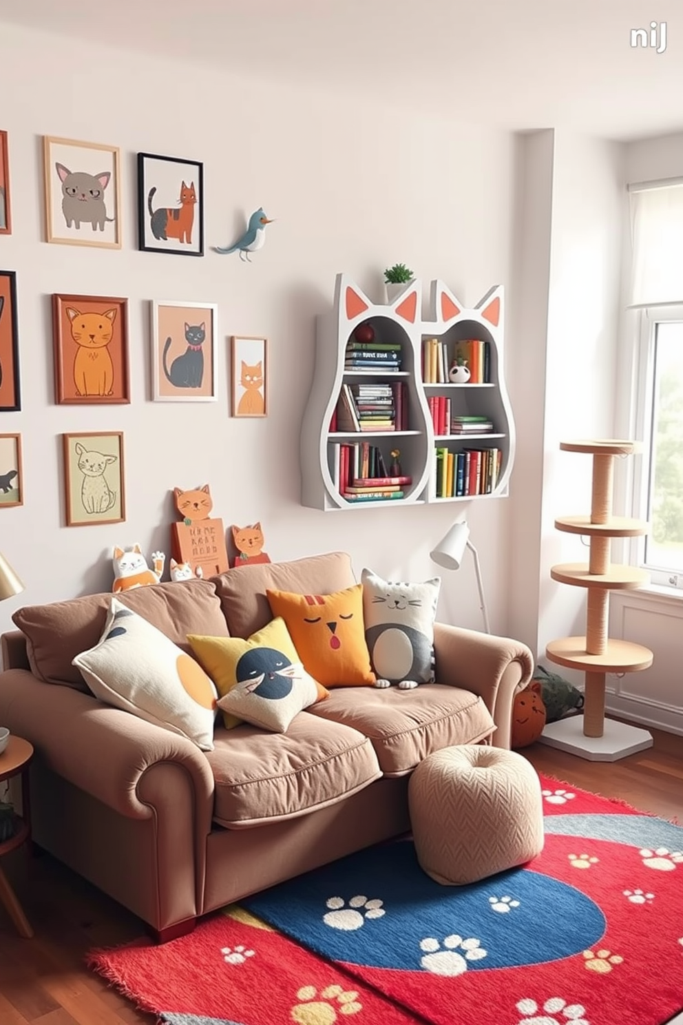 A cozy living room filled with whimsical cat-shaped decor accents. The walls are adorned with playful cat-themed artwork, and a plush sofa features cushions in various cat designs. In one corner, a cat-shaped bookshelf holds a collection of books and cat toys. A vibrant area rug with paw prints adds a fun touch to the space, while a cat tree stands near a sunny window.