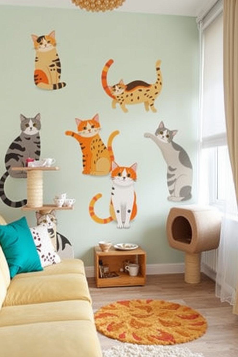 A vibrant and inviting living room designed for cat lovers. The walls are painted with pet-safe, non-toxic paint in a soft pastel hue, creating a cheerful atmosphere. Cozy cat trees and scratching posts are strategically placed throughout the space. Plush furniture with durable fabrics offers comfort while ensuring easy maintenance for playful pets.