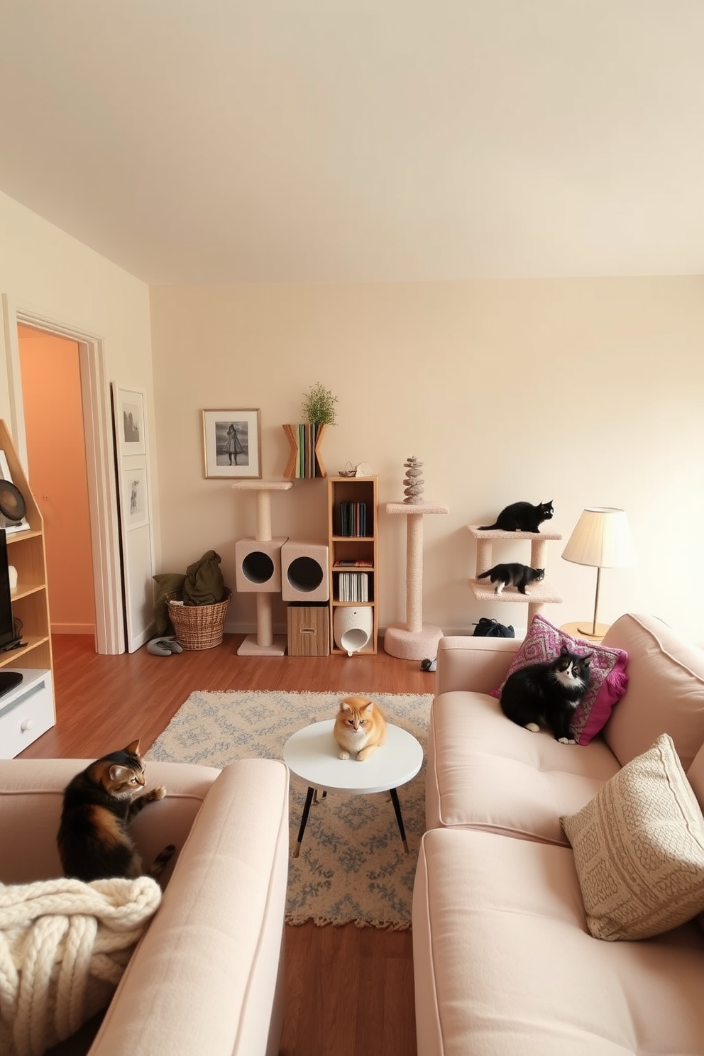 A stylish apartment designed for a cat lover features custom built-ins that seamlessly integrate feline activities. The space includes a cozy cat tree built into a corner, with shelves for climbing and lounging, and a built-in feeding station that complements the overall decor.