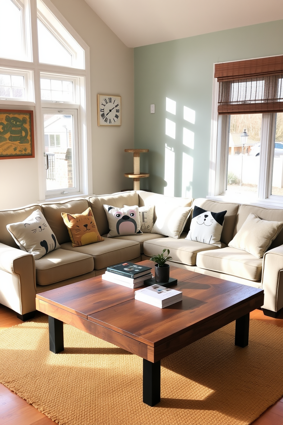 A cozy living room filled with natural light features a plush sofa adorned with cat-themed throw pillows in various playful designs. The walls are painted in soft pastel colors, and a cat tree stands in the corner, complementing the overall cat lover aesthetic. The coffee table is made of reclaimed wood, topped with a few cat-themed books and a small plant. A warm, inviting rug lies beneath the coffee table, creating a comfortable space for both humans and their feline friends.