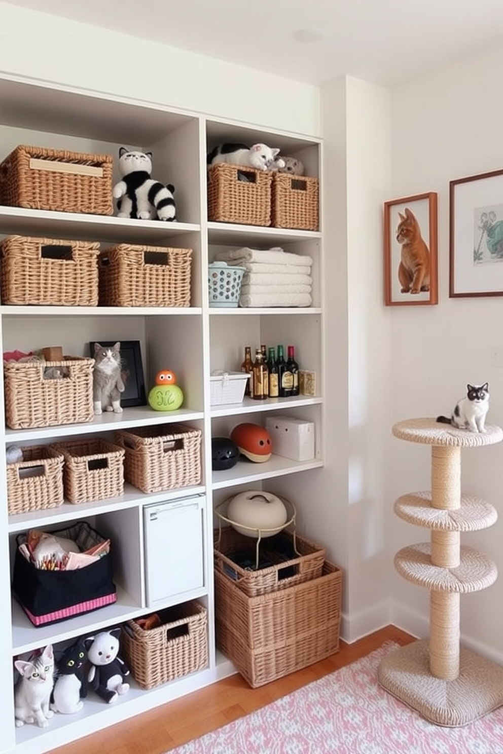 A cozy apartment designed for a cat lover features a dedicated play area with stylish storage solutions for toys and supplies. Shelves are lined with woven baskets to keep the space organized, while a playful cat tree stands in the corner, adding a whimsical touch to the decor.