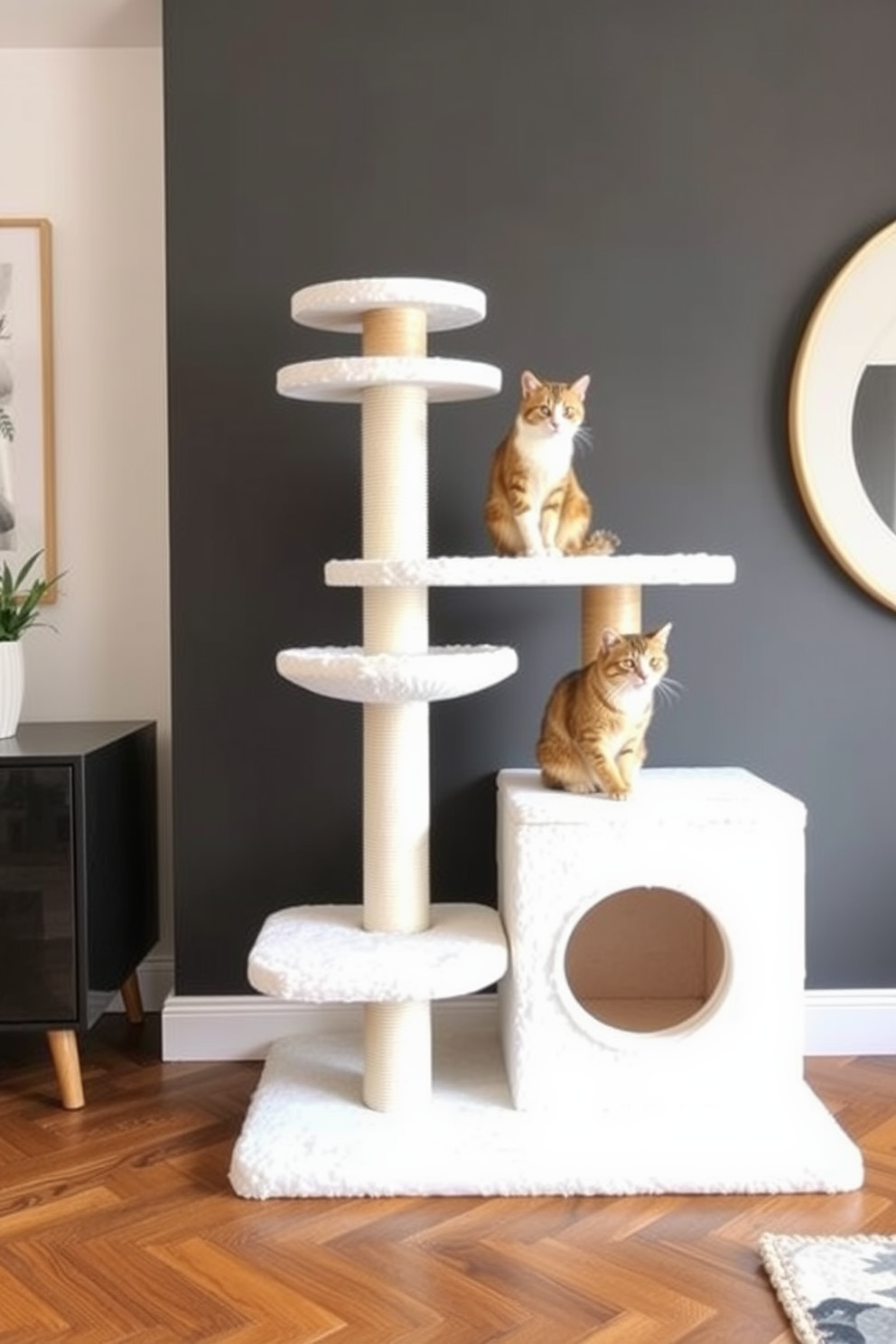 Elegant cat trees that blend seamlessly with modern interiors. These stylish cat trees feature sleek lines, natural wood finishes, and plush fabric that complements the surrounding decor. Cat lover apartment design ideas that prioritize both aesthetics and functionality. Incorporate cozy nooks for cats alongside chic furniture, creating a harmonious living space for both pets and their owners.