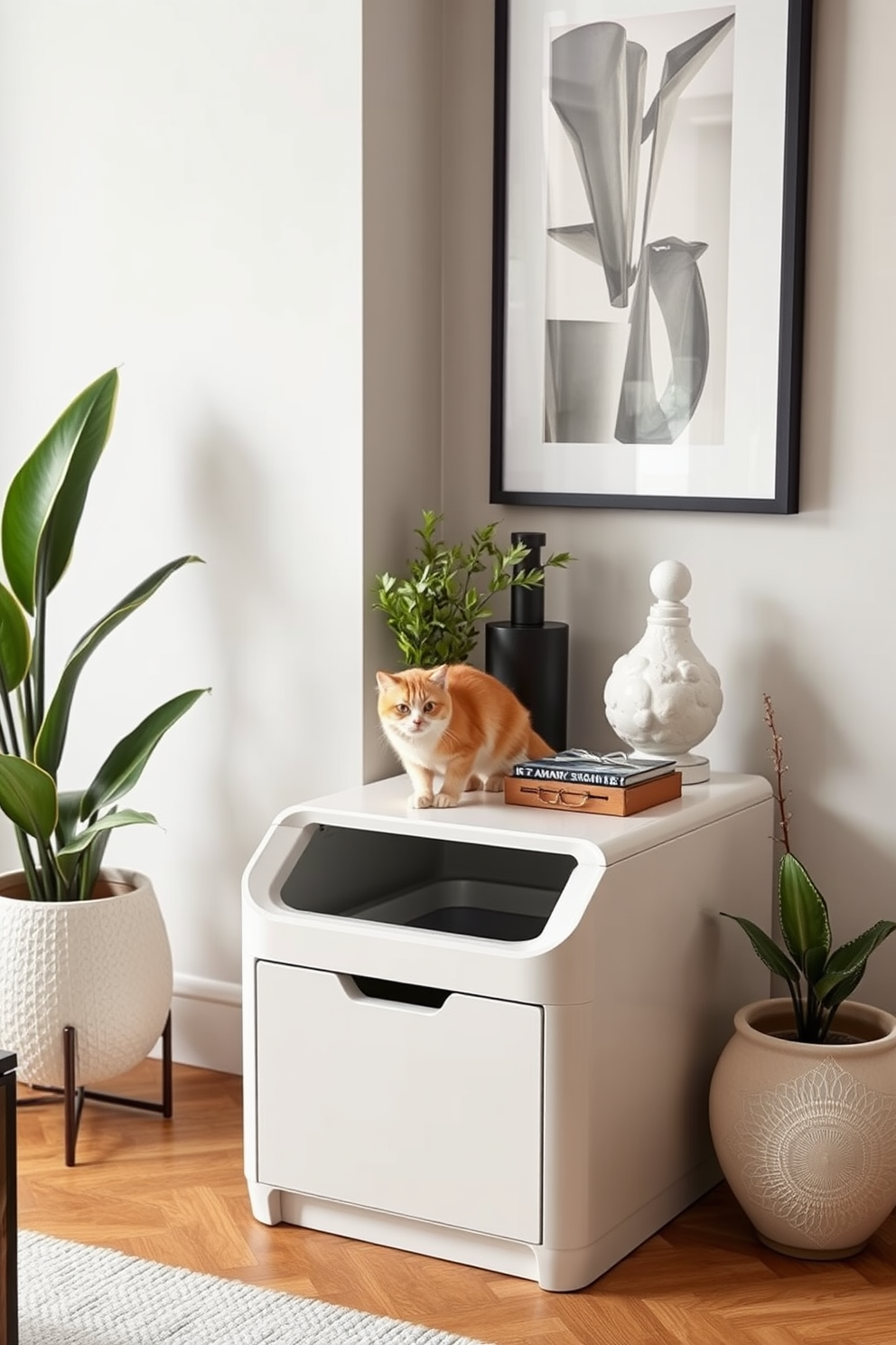 A stylish litter box is cleverly integrated into a chic piece of furniture, resembling a modern side table. The design features a sleek finish with a soft-close lid, ensuring easy access for the cat while maintaining a sophisticated aesthetic for the living space. The furniture piece includes a small drawer for storing cat essentials, blending functionality with style. Surrounding the litter box, decorative elements like potted plants and artful sculptures enhance the overall decor of the cat lover's apartment.