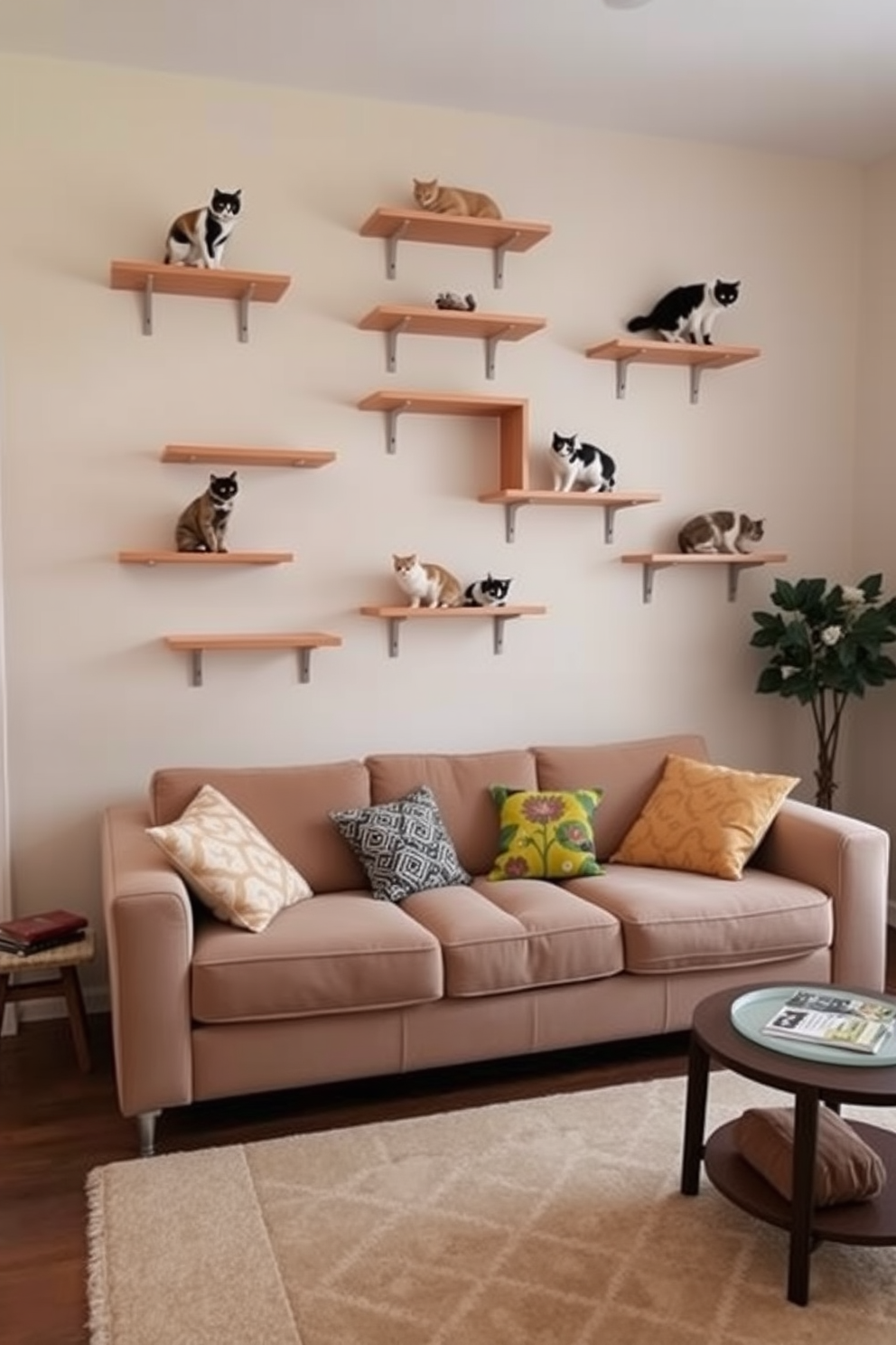 A cozy living room featuring wall-mounted shelves designed for cat exploration. The shelves are made of natural wood and are arranged in a playful manner, allowing cats to climb and perch at various heights. The walls are painted in a soft pastel color, creating a warm and inviting atmosphere. A plush sofa in a neutral tone is positioned below the shelves, complemented by colorful throw pillows and a stylish area rug.