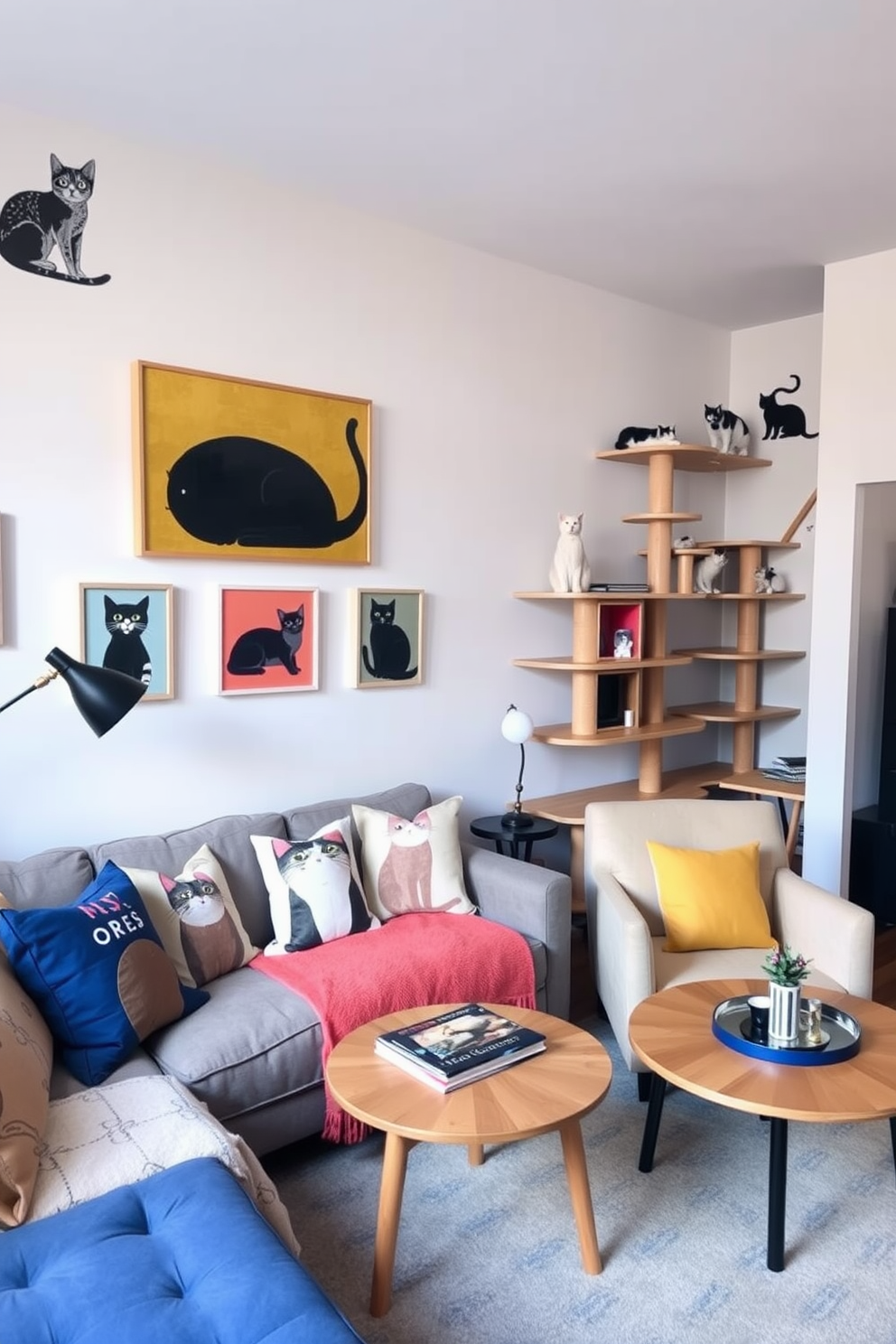 A whimsical living room featuring cat-themed artwork adorning the walls. The decor includes playful accents like cushions and throws with cat prints, creating a cozy and inviting atmosphere. A stylish apartment designed for cat lovers with a dedicated play area for pets. The space incorporates cat trees and climbing shelves that blend seamlessly with modern furnishings and vibrant colors.