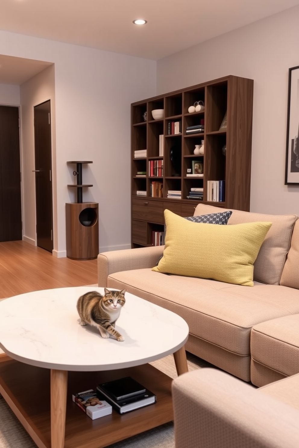 A cozy apartment designed for a cat lover featuring multi-functional furniture. The living area includes a sleek sofa that converts into a bed and a coffee table with hidden storage for toys and supplies. A stylish cat tree is integrated into a bookshelf, allowing for vertical space utilization. Soft, durable fabrics are used throughout, with a color palette of warm neutrals and pops of color to create an inviting atmosphere.