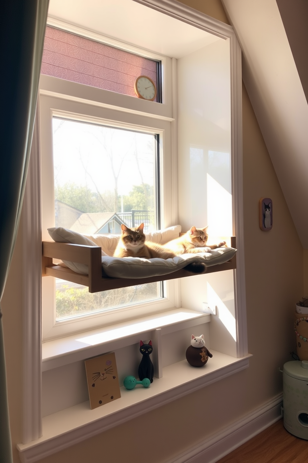 A cozy window perch designed specifically for sunbathing cats. The perch features soft cushions and a sturdy frame, positioned perfectly to capture sunlight throughout the day. The surrounding area includes playful cat-themed decor and a small shelf for toys. The room is filled with natural light, creating a warm and inviting atmosphere for both the cats and their owners.