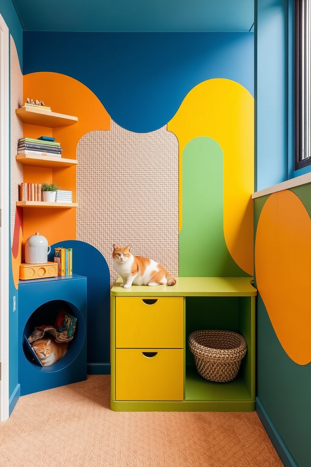 Design a playful cat lover apartment featuring scratch-friendly wall panels that encourage feline fun and creativity. The space should include cozy nooks for cats to lounge, with vibrant colors and textures that appeal to both pets and their owners.