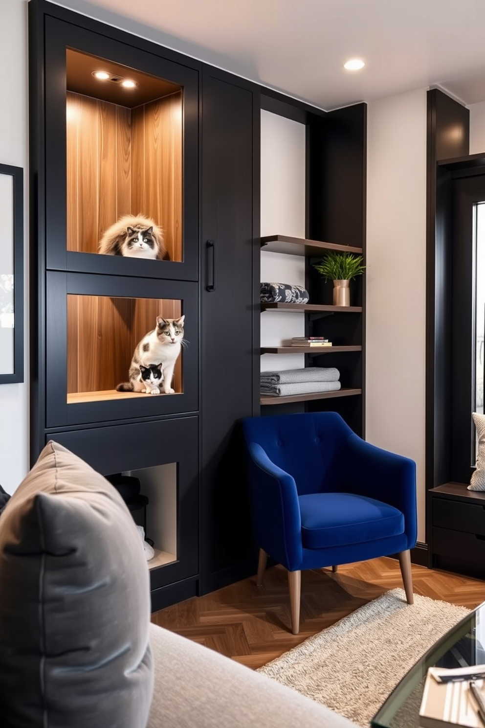 A stylish living space designed for cat lovers featuring custom cat doors seamlessly integrated into the interior. The design includes cozy nooks for cats to relax, playful climbing shelves, and a modern aesthetic that complements the overall decor.