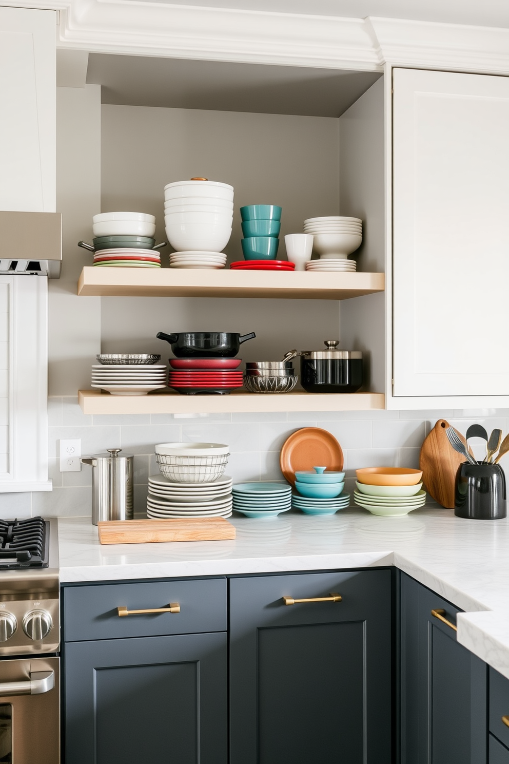 A modern chef's kitchen featuring open shelving for easy access storage. The shelves are filled with neatly arranged cookware and colorful dishware, creating an inviting and functional space.