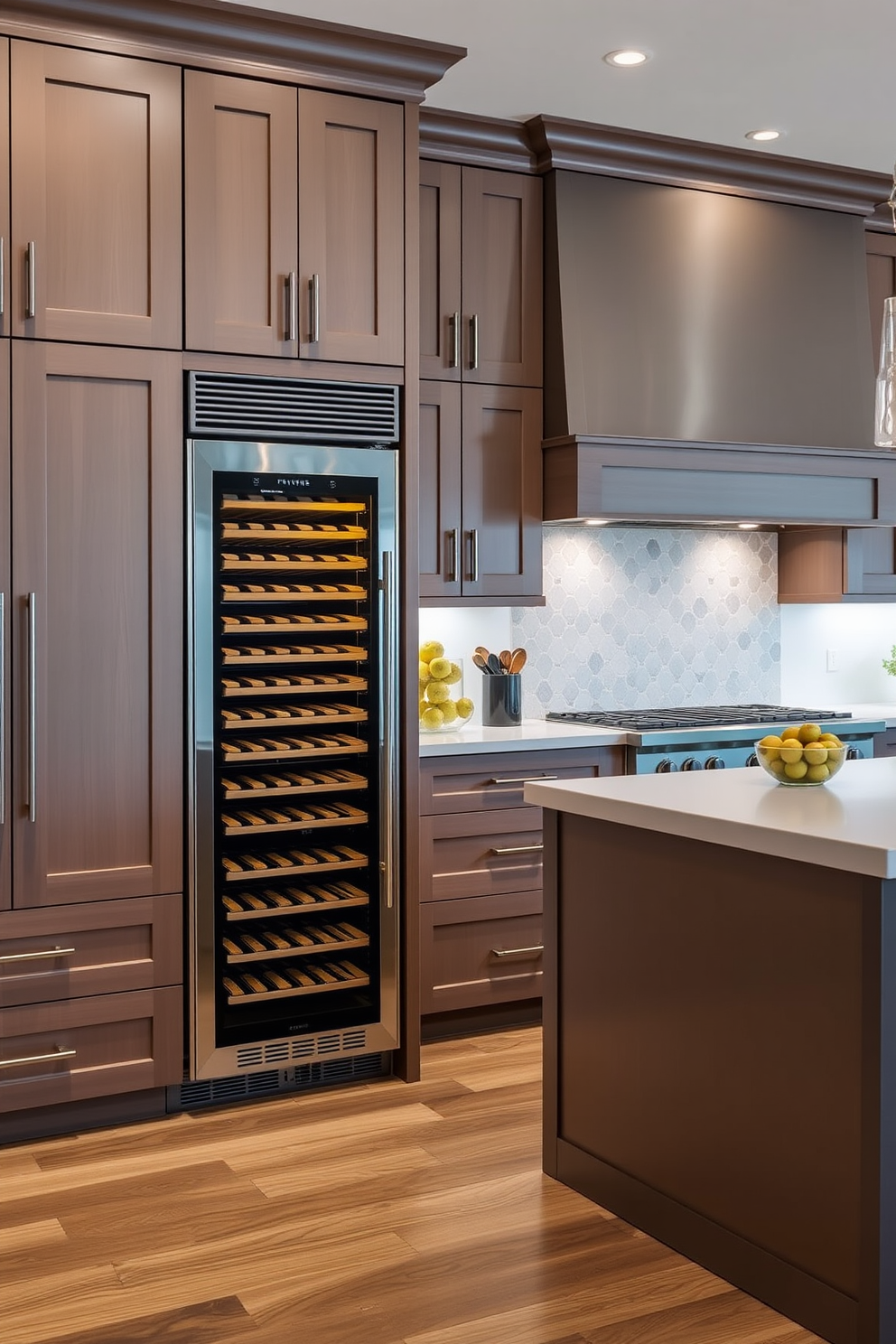 A modern chef's kitchen featuring a built-in wine fridge seamlessly integrated into custom cabinetry. The space showcases a large island with a sleek countertop, surrounded by high-end appliances and ample storage for culinary essentials.