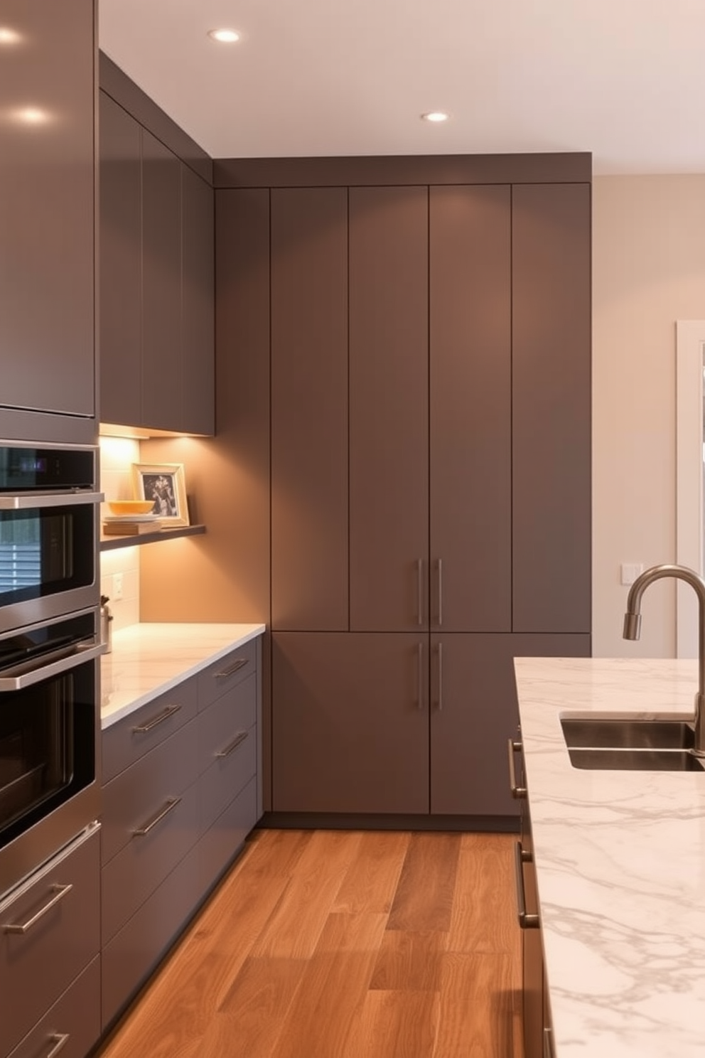 A modern chef's kitchen featuring sleek cabinetry with under-cabinet lighting that creates a warm ambiance. The kitchen island is spacious with a marble countertop and high-end appliances seamlessly integrated into the design.