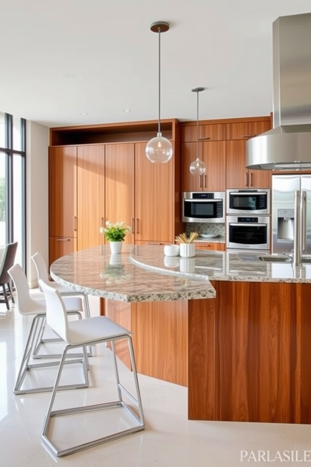 A modern chef kitchen featuring a blend of materials for visual texture. The cabinetry combines sleek matte black finishes with warm wooden accents, creating a striking contrast. A large central island is topped with a polished granite surface, surrounded by high-back stools upholstered in rich leather. Stainless steel appliances are seamlessly integrated, enhancing the kitchen's contemporary appeal.